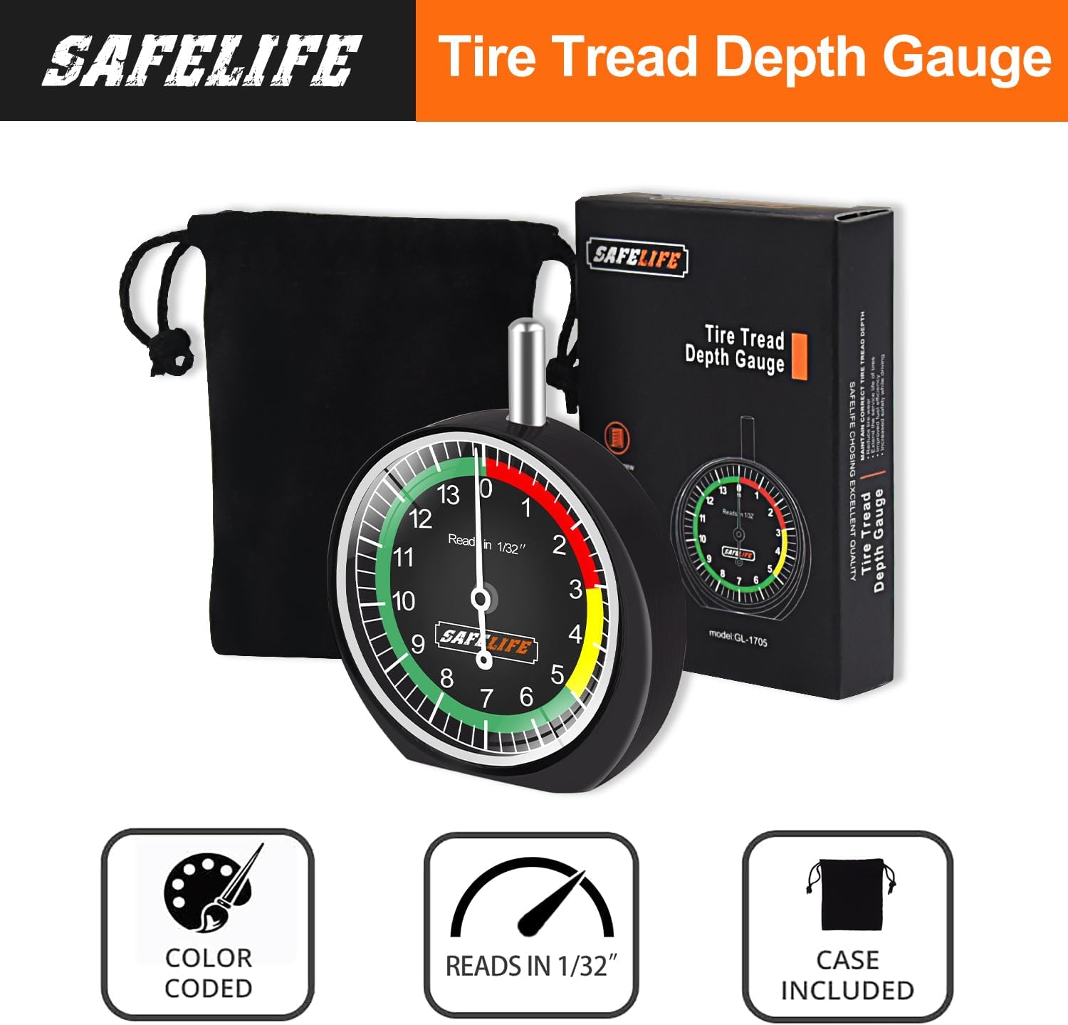 SAFELIFE Tire Tread Depth Gauge, Dial Type Tire Tread Depth Gauge Professional for Motorcycle, Car,Truck and Bus,Easy Reading Tyre Tread Depth Gauge in 32nds