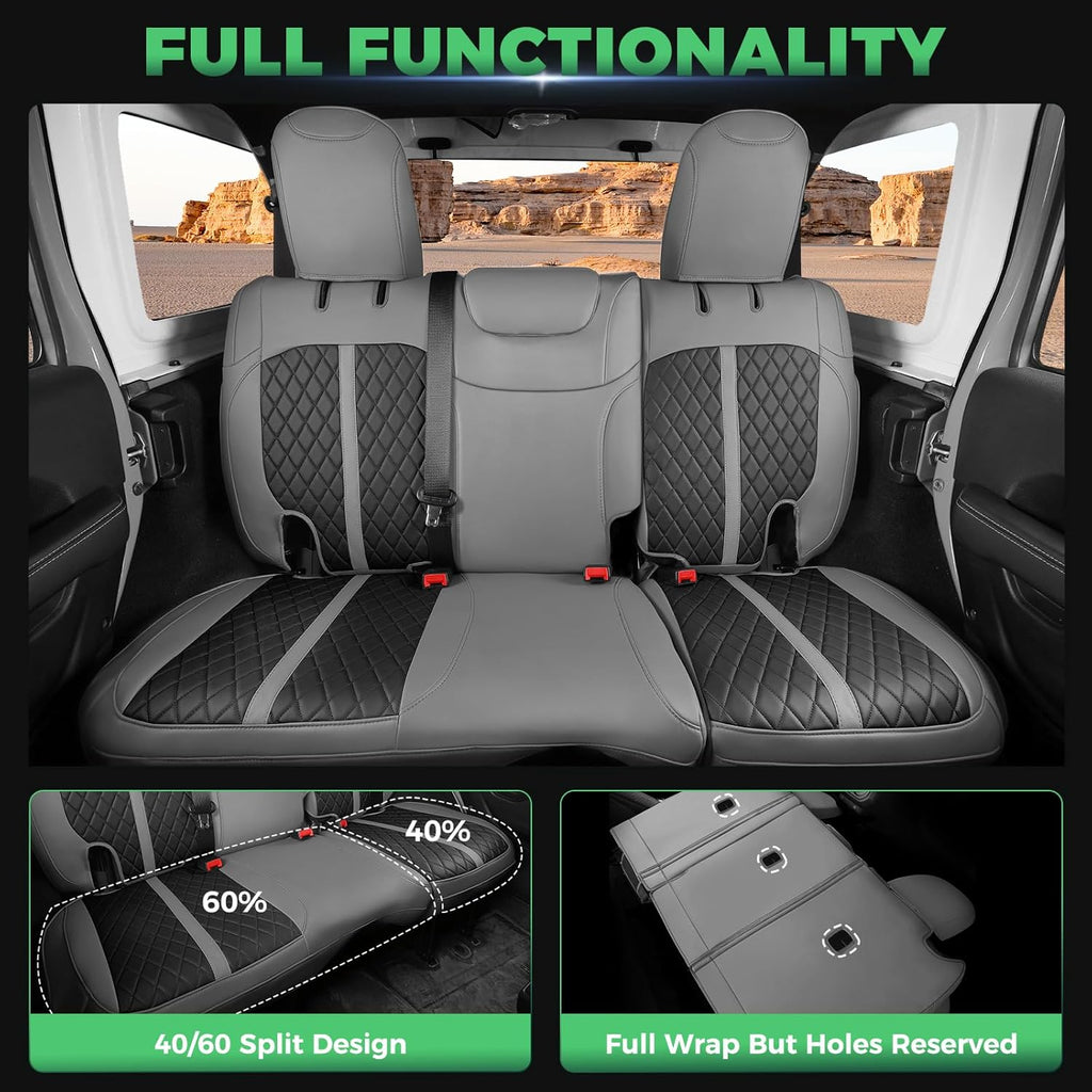 for Jeep Wrangler Seat Covers 4Door JL 2018 2019 2020 2021 2022 2023 2024 2025, Custom Fit Car Seat Cover Full Set, Luxury Waterproof Leather Seat Protectors, Gray Black, W/O Rear Cup Holder