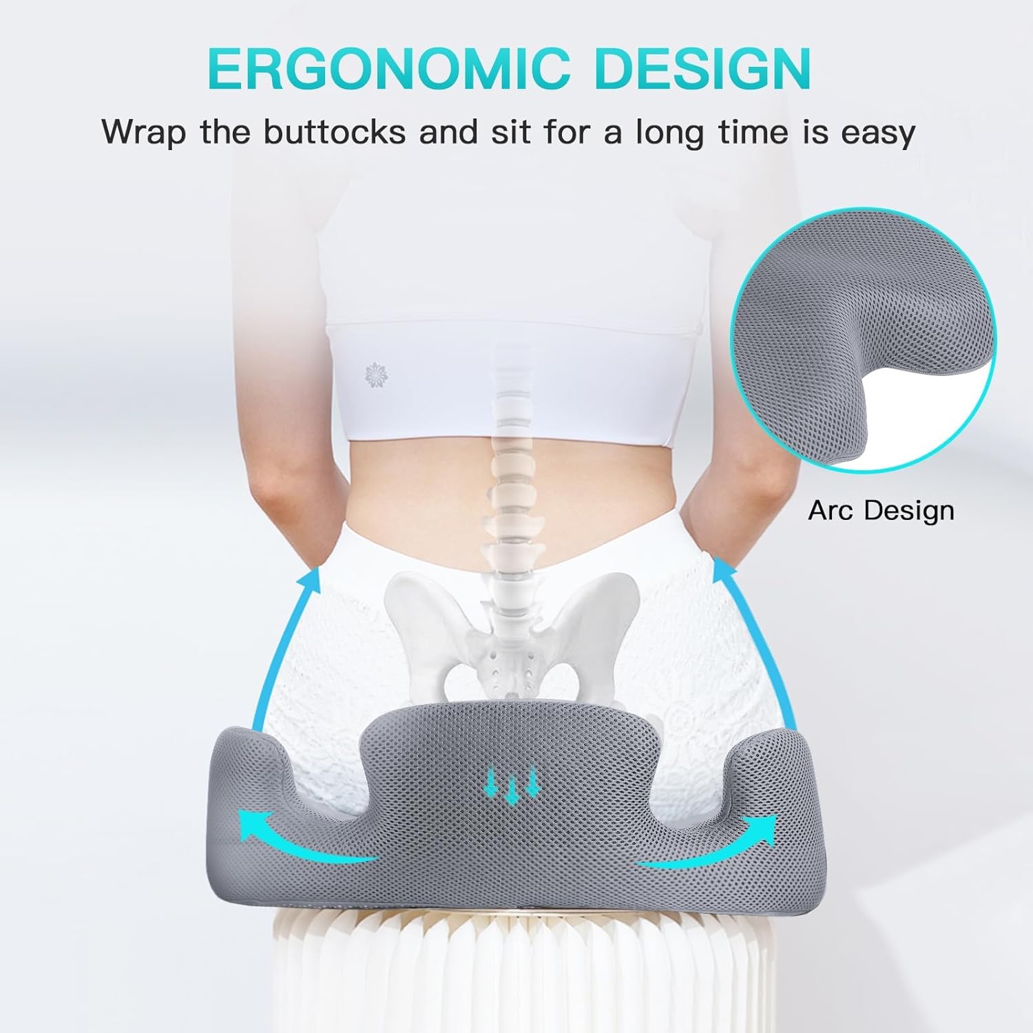 Benazcap Memory Seat Cushion for Office Chair Sciatica & Back Pain Relief Memory Foam Firm Coccyx Pad for Car, Wheelchair, Gaming Chair and Desk Chair, Gray