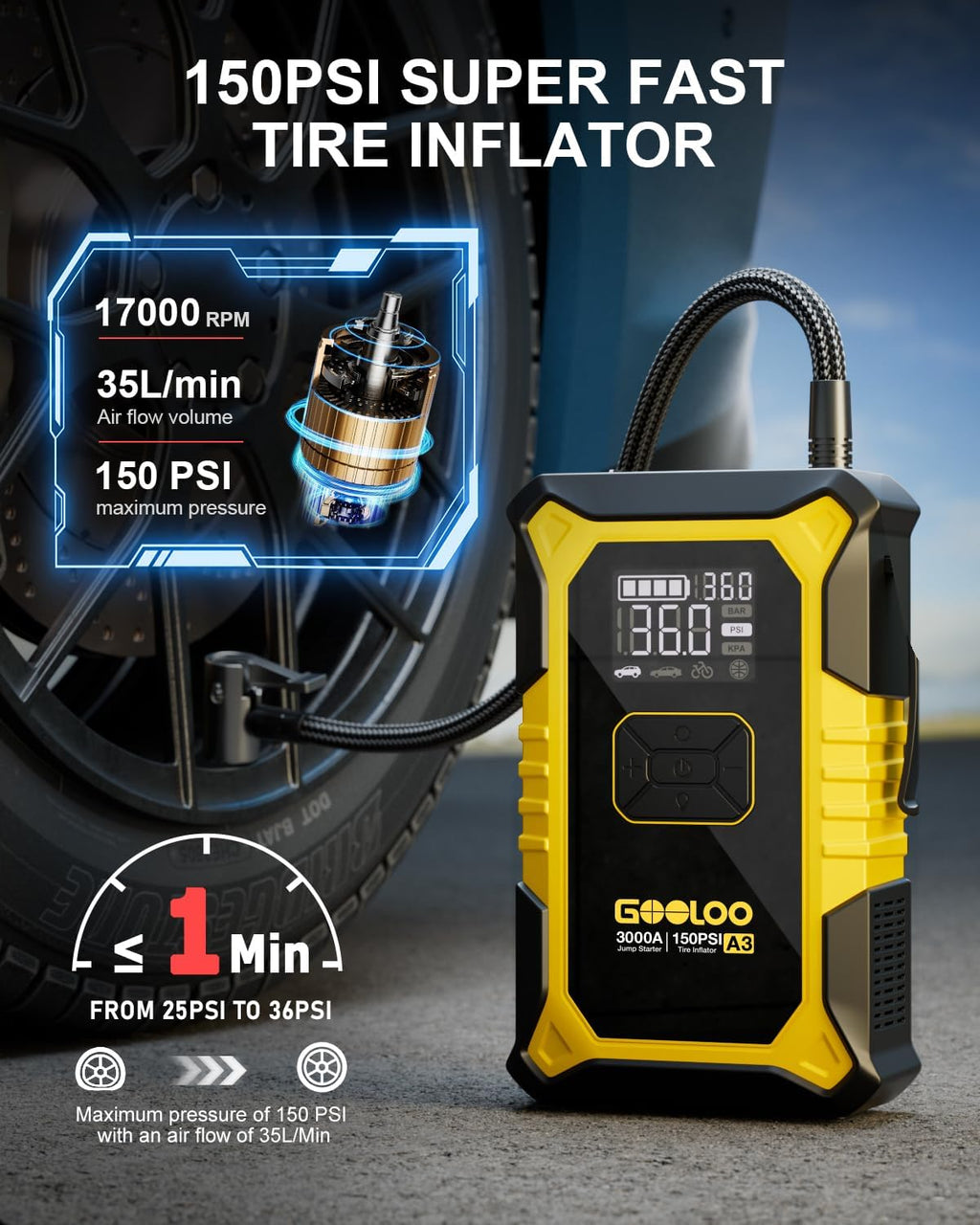GOOLOO A3 Jump Starter with Air Compressor, 3000A Portable Car Battery Jumper Starter (9.0 Gas/6.5L Diesel) with 150PSI Auto-Shutoff Tire Inflator, 12V Supersafe Lithium Jump Box Car Booster, Yellow
