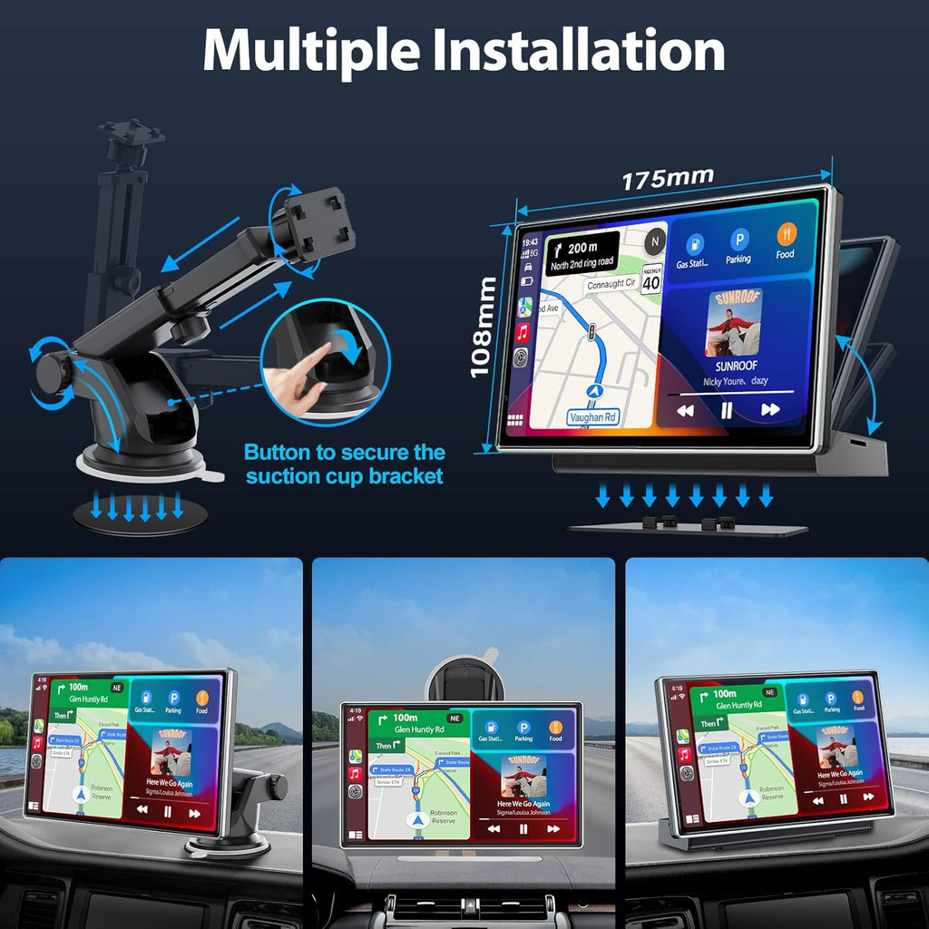 Upgrade Wireless Carplay Screen, Android Auto, Portable 7" HD IPS Screen for Car, GPS Navigation, Bluetooth Handsfree, AirPlay, MirrorCast, AUX/FM Transmitter Fit Most Car Models
