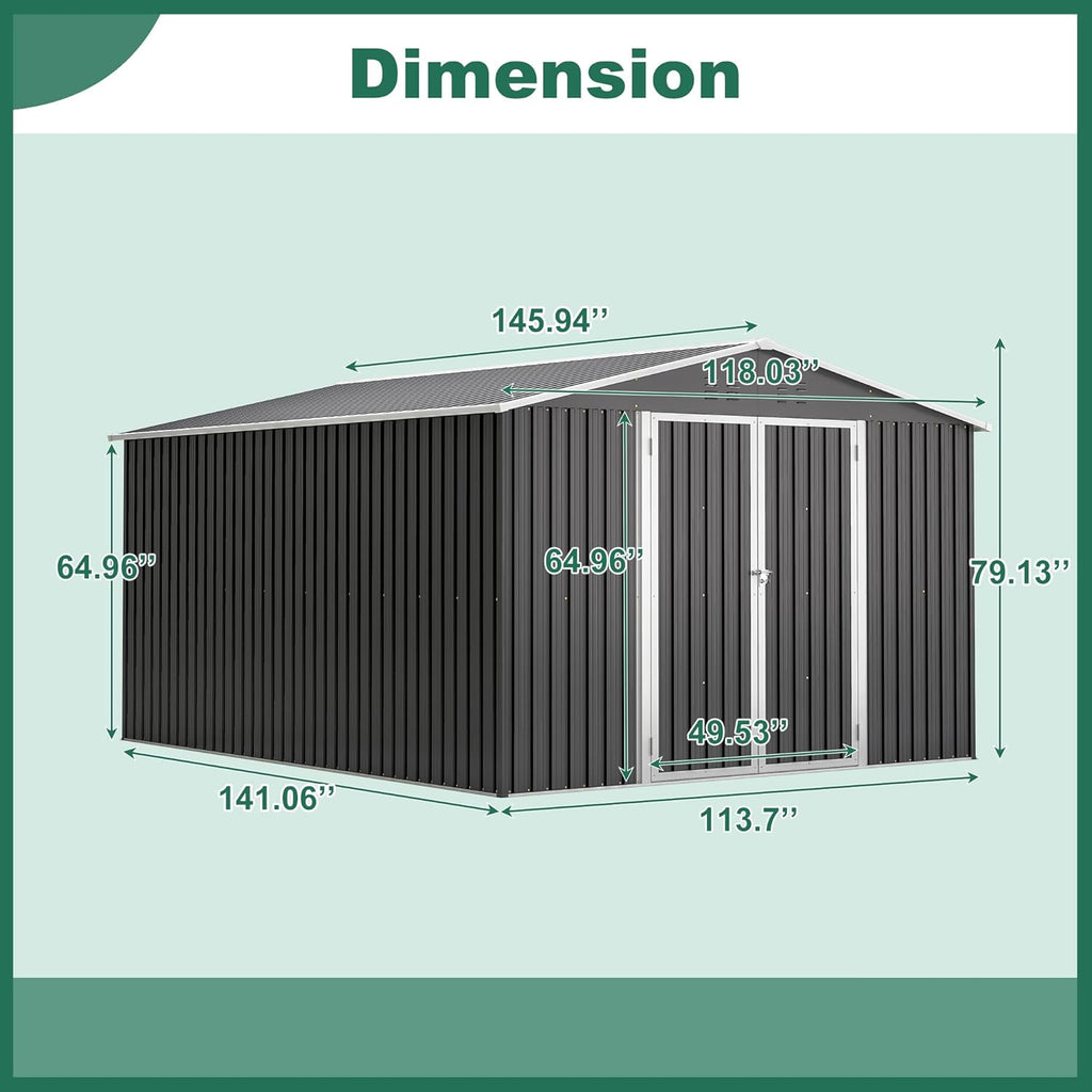Outdoor Storage Shed 10x12 FT, Utility Metal Tool Storage with Lockable Doors and Updated Frame Structure, Large Metal Garden Shed for Backyard, Patio Lawn, Black
