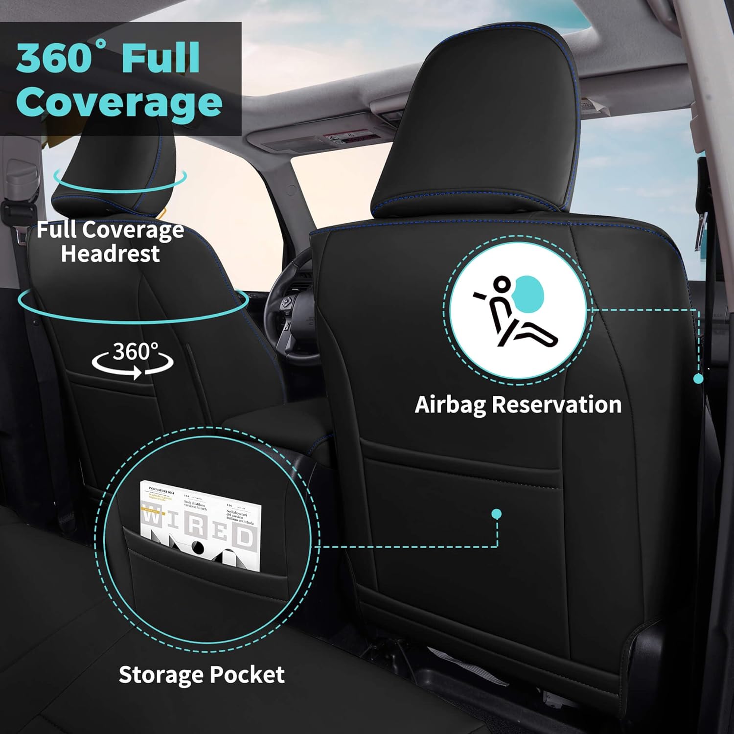 Seat Covers for Toyota 4Runner 2011-2024, Faux Leather Car Seat Cover Full Set, 2-Row-Only for 5 Seats Version-BlackBlue
