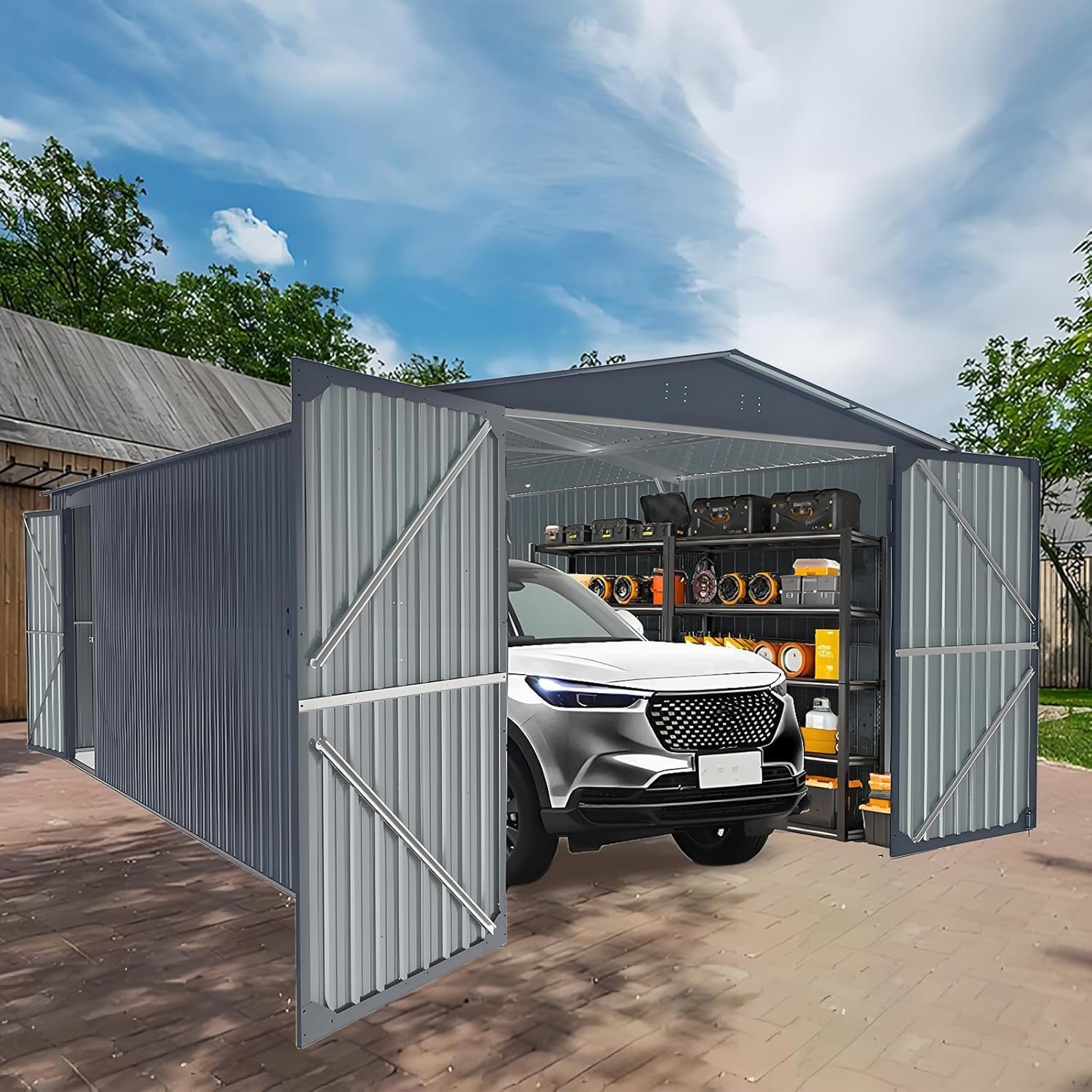KUIKUI 20x13ft Heavy Duty Outdoor Garage Metal Shed, Sheds and Outdoor Storage with 2 Doors and 4 Vents Without Floor, Car Sheds Outdoor Garage
