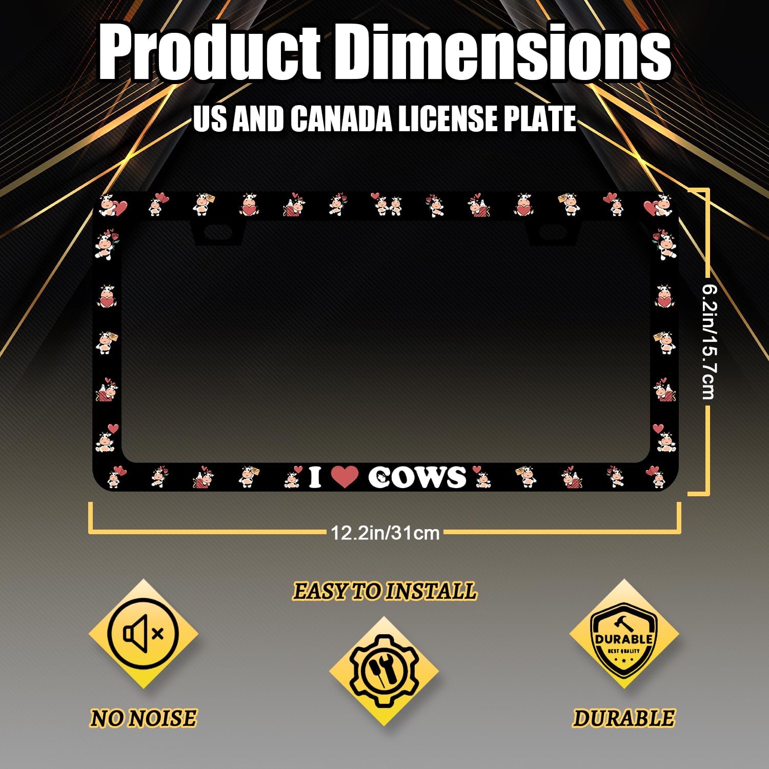 Cow License Plate Frame Cute I Love Cows License Plate Holder for Personalized Colorful Animal Car Decorative Stainless Steel Funny License Plate Cows Auto Part with Screws 12.2" x6.2"