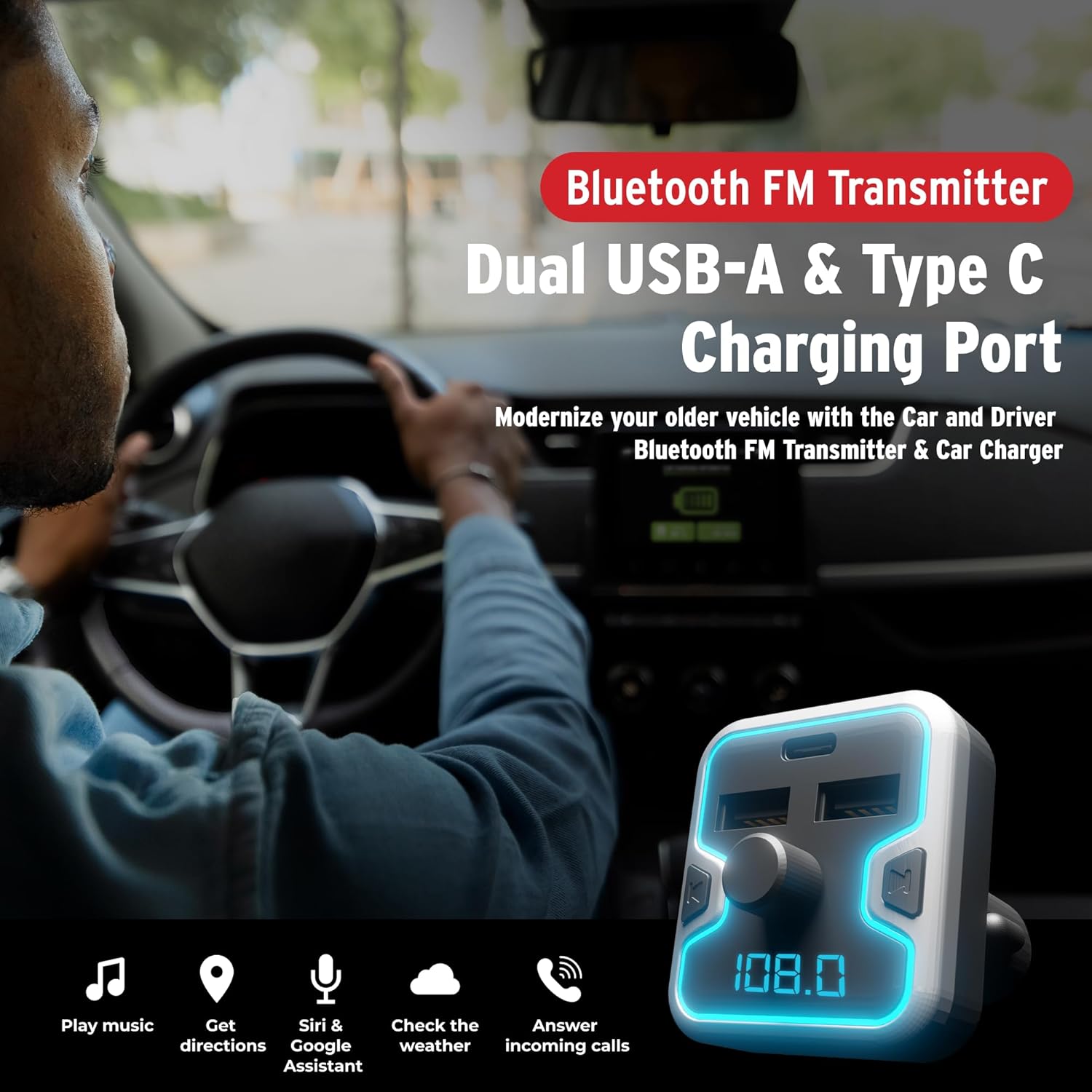 Car and Driver Bluetooth 5.0 FM Transmitter Charger, Dual USB-A and USB-C Lighter Adapter, Triple-Port Design with Fast Charging, Compatible with Mobile Alexa, Siri, and Google Assistant