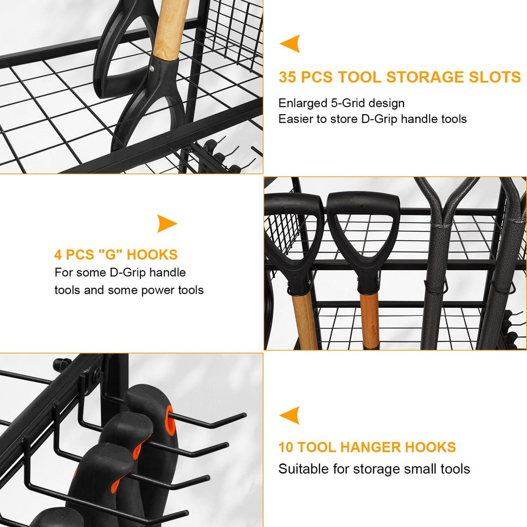 FZK Garden Tool Organizer,Heavy Duty Steel Yard Tool Organizer for Garage,Up to 49 Long-Handled Tools, Garden Tool Storage with Wheels,Garden Tool Organizer for Garage,Black
