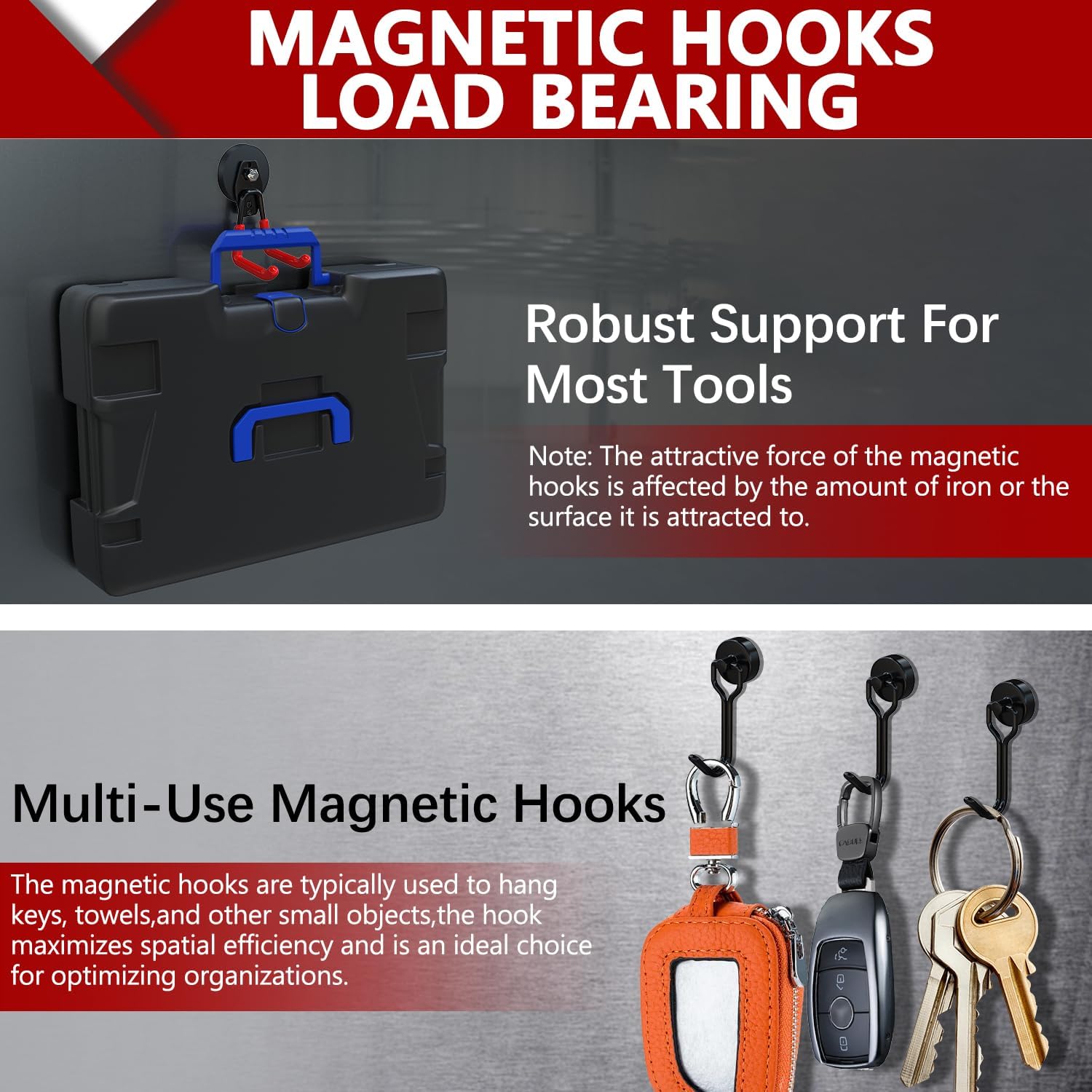 3-H Heavy Duty Magnet Garage Hooks 2 Pack, Large Strong Magnetic Hooks for Hanging Cordless Power Drill, Utility Magnetic Tool Holder for Metal Cabinet, Steel Pegboard, Toolbox, Garage(Red)