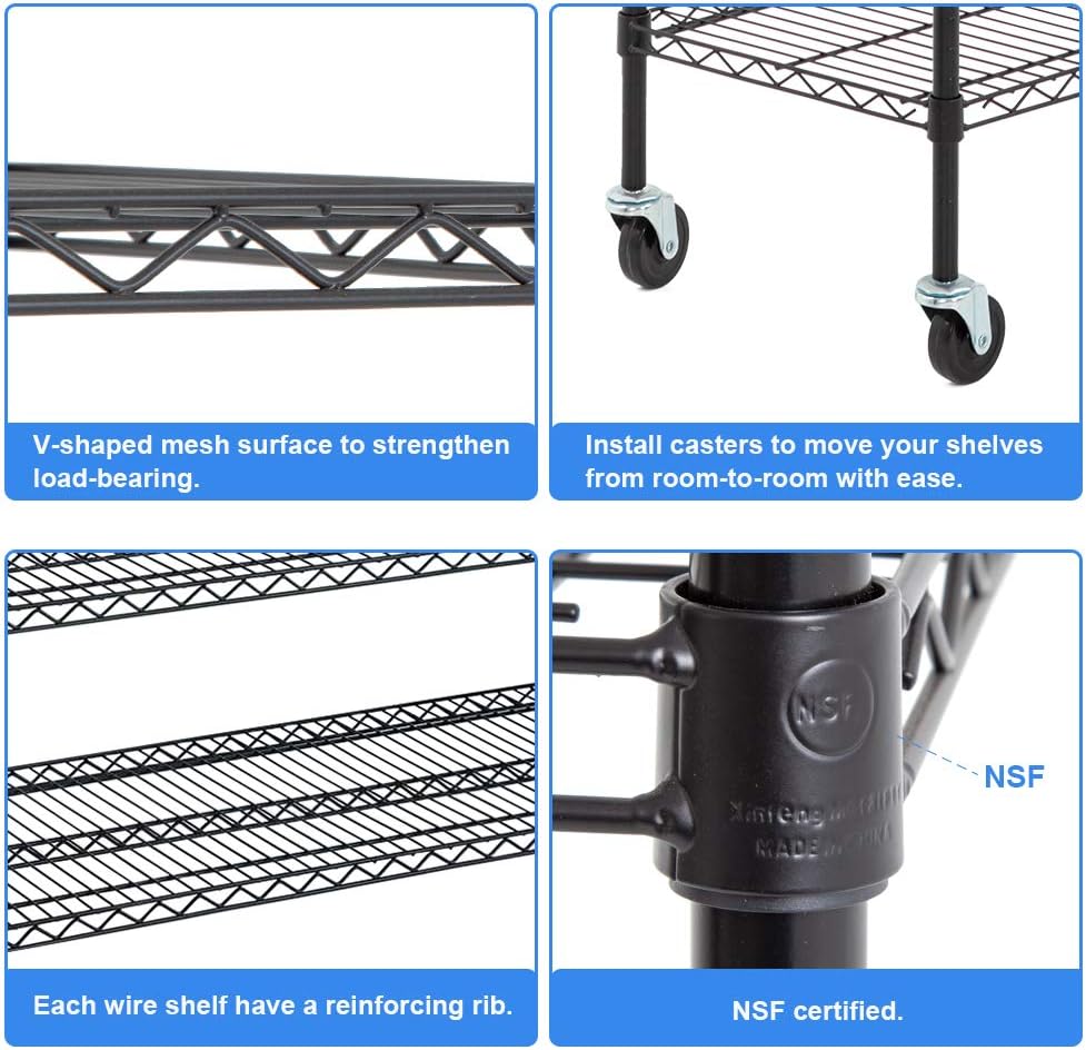 BestOffice NSF Wire Shelving Unit 6-Shelf Large Storage Shelves Heavy Duty Metal Wire Rack Height Adjustable Commercial Grade Utility Storage Rack on 4" Casters 6000LB Capacity 18x48x76,Black