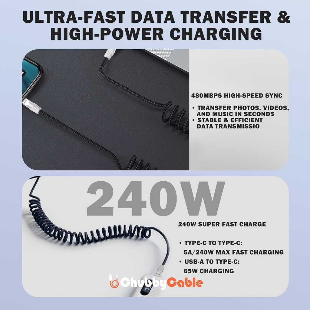 chubbycable Curly Chubby - Retractable Fast Charging Cable 240W Coiled Charger Cord for Car Durable USB-C Cable for Phones, Tablets and More, Purple+Purple, Type-C to Type-C, 1.3FT-2.3FT