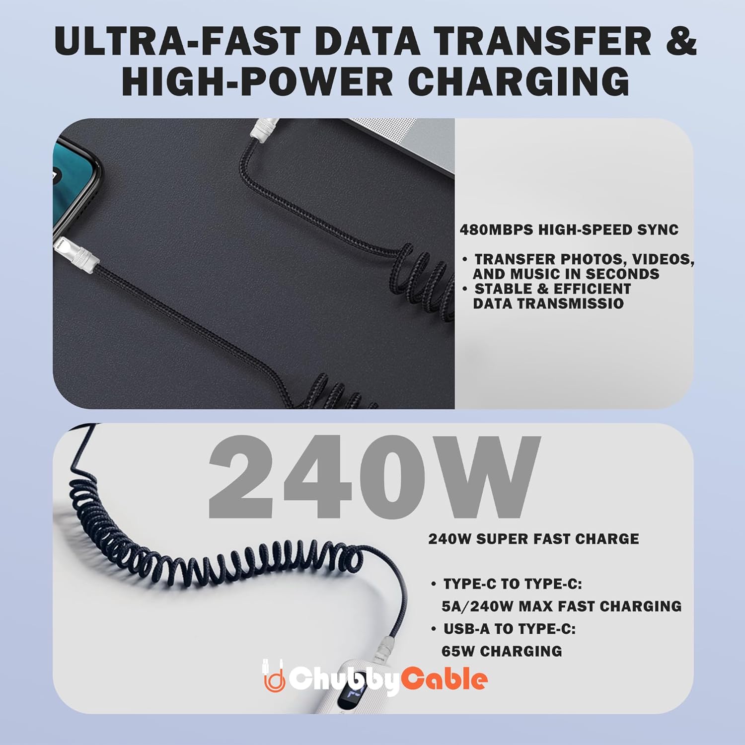 chubbycable Curly Chubby - Retractable Fast Charging Cable 240W Coiled Charger Cord for Car Durable USB-C Cable for Phones, Tablets and More, Light Blue, Type-C to Type-C, 1.3FT-2.3FT