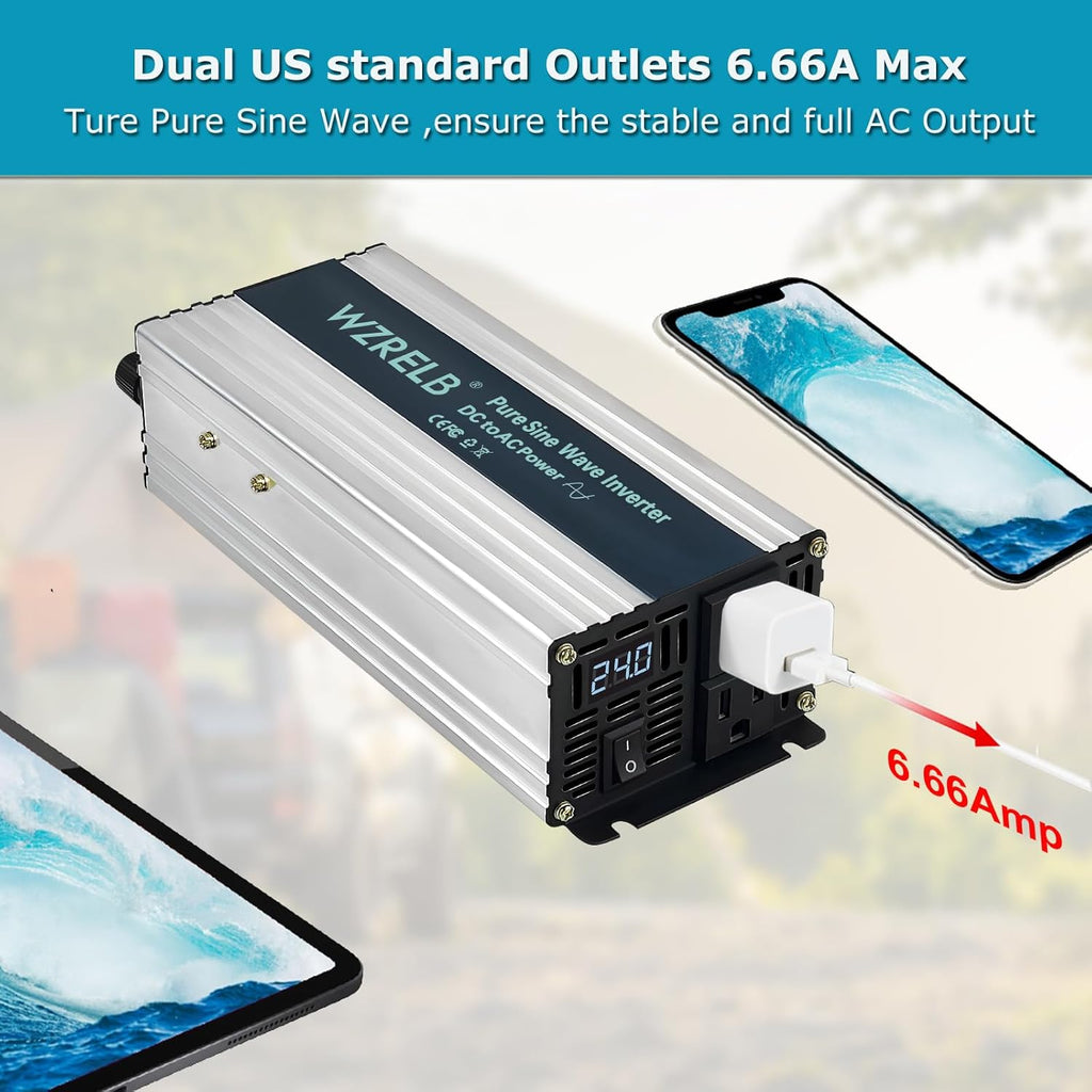WZRELB 800W Pure Sine Wave Inverter 24V DC to 110V 120V AC Power Converter with LED Display, Off-Grid Portable Power Inverter with 2 AC Outlets for Home, RV, Truck, Camping