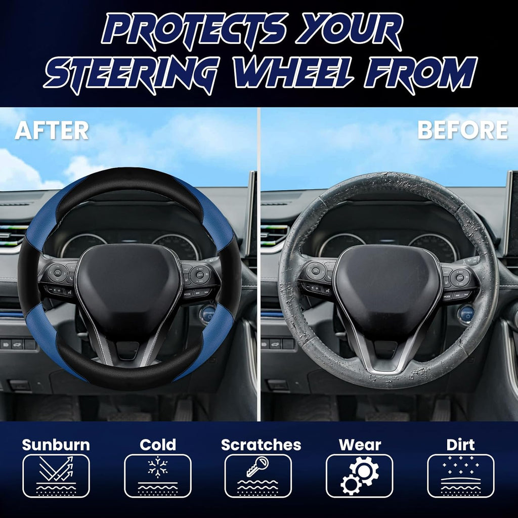Soft Leather Steering Wheel Cover with Breathable Design and Anti-Slip Grip, Fully Compatible with Tesla, Toyota, Honda, Nissan 14.2-14.96 inch Round Steering Wheel（Sedans and SUVs）