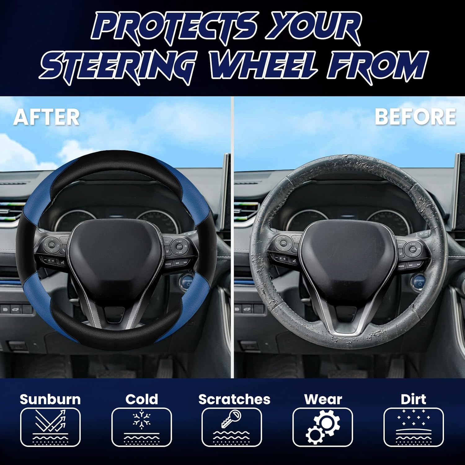 Soft Leather Steering Wheel Cover with Breathable Design and Anti-Slip Grip, Fully Compatible with Tesla, Toyota, Honda, Nissan 14.2-14.96 inch Round Steering Wheel（Sedans and SUVs）