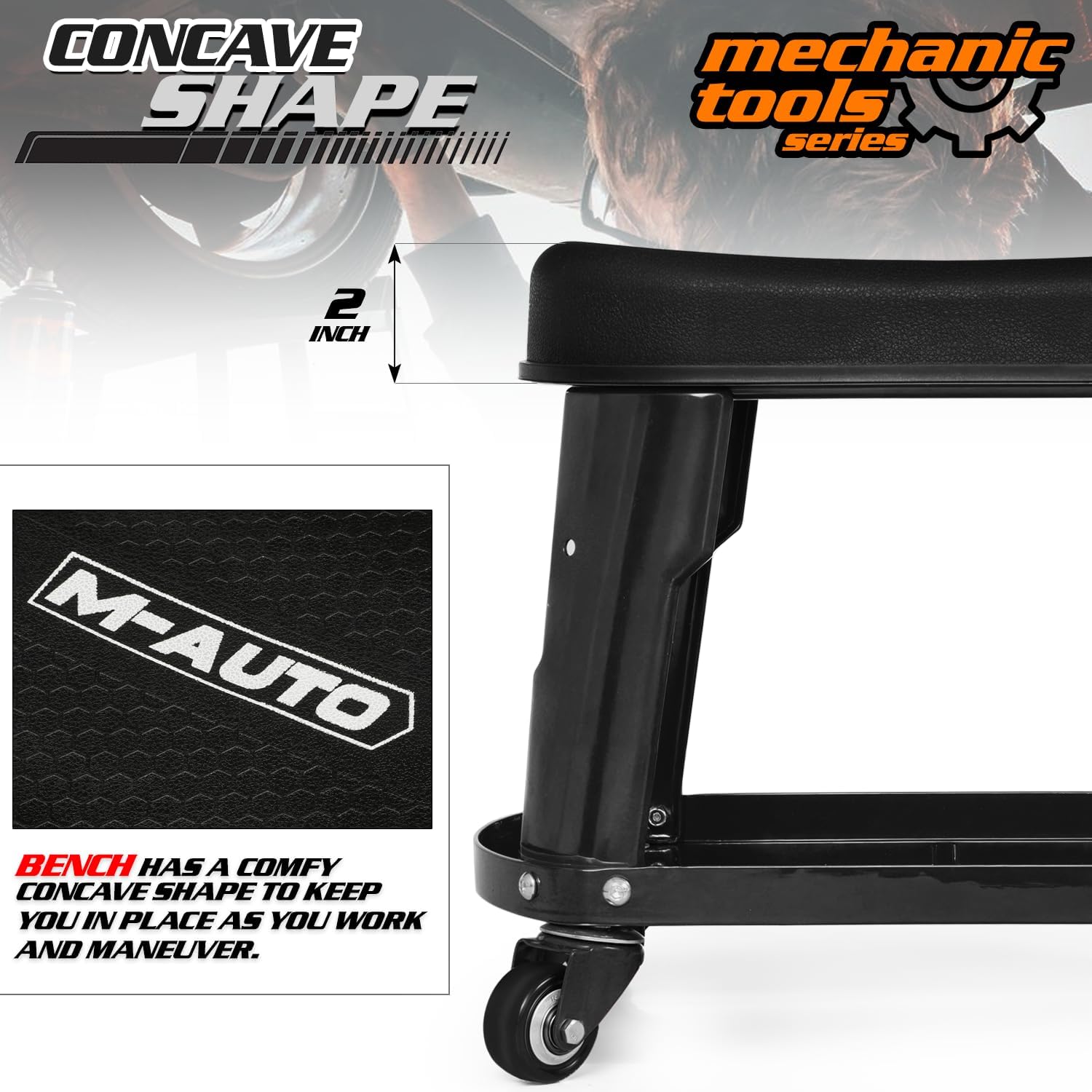 M-AUTO Heavy Duty Garage Rolling Work Seat 300LBS Capacity Mechanics Stool with Wheels, Rolling Work Seat with Equipment Tray and Tool Rack, Rectangle Seat Mechanic Roll Chair, Black