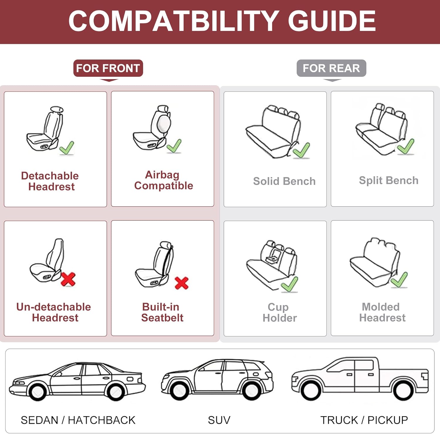 Front Seat Covers, 2 Pieces Universal Seat Covers for Cars, Waterproof Leather Auto Seat Protectors with Head Pillow, Car Seat Cushions Fit for Most Sedans SUV Pick-up Truck, Wine Red