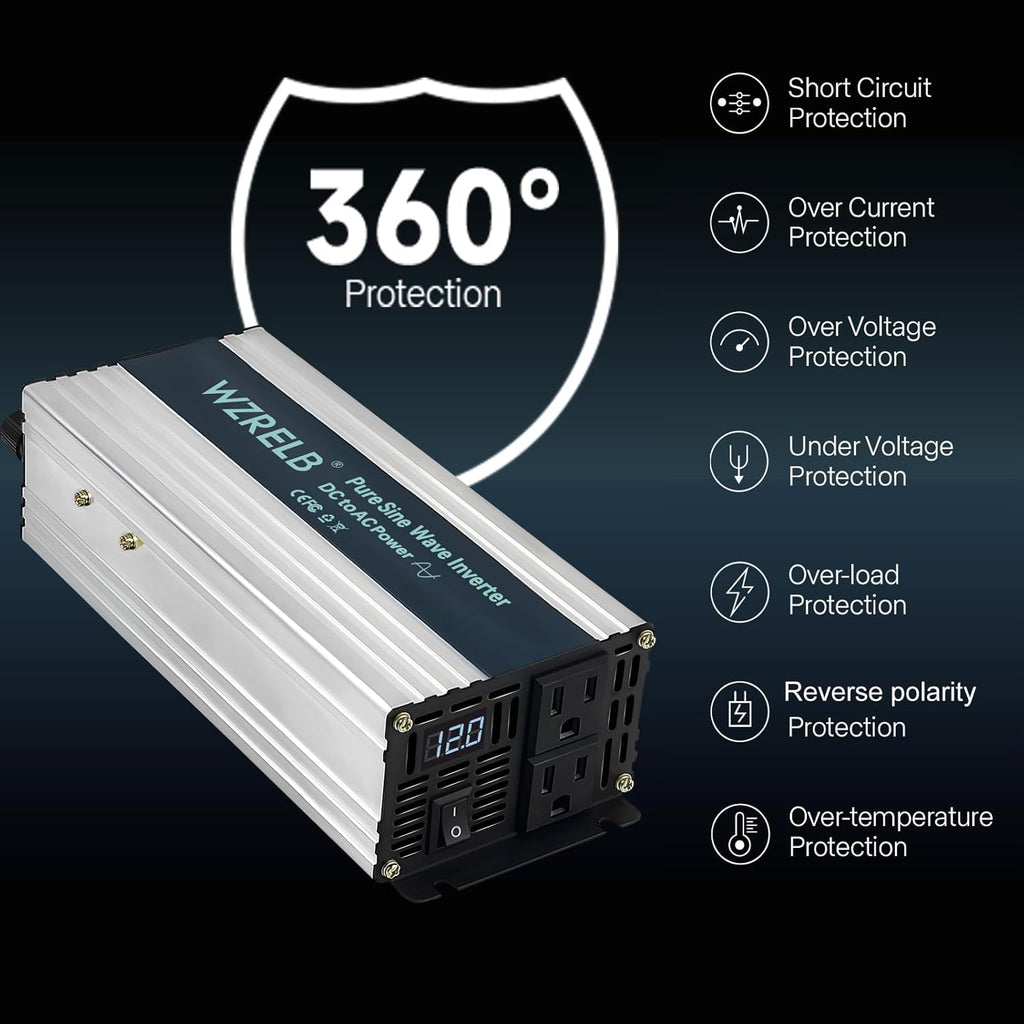 WZRELB 800W Pure Sine Wave Inverter 12V DC to 110V 120V AC Power Converter with LED Display, Off-Grid Portable Power Inverter with 2 AC Outlets for Home, RV, Truck, Camping