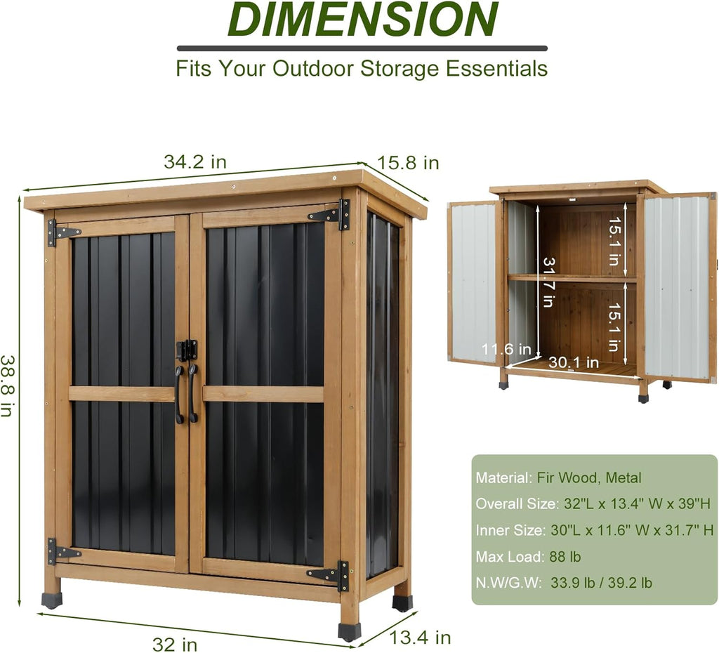 Outdoor Storage Cabinet Wood & Metal Small Storage Shed Waterproof Roof, Double Lockable Doors Garden Shed with Removable Shelves for Patio, Garden, Backyard, Lawn, 32" x 13" x 40" (Brown)