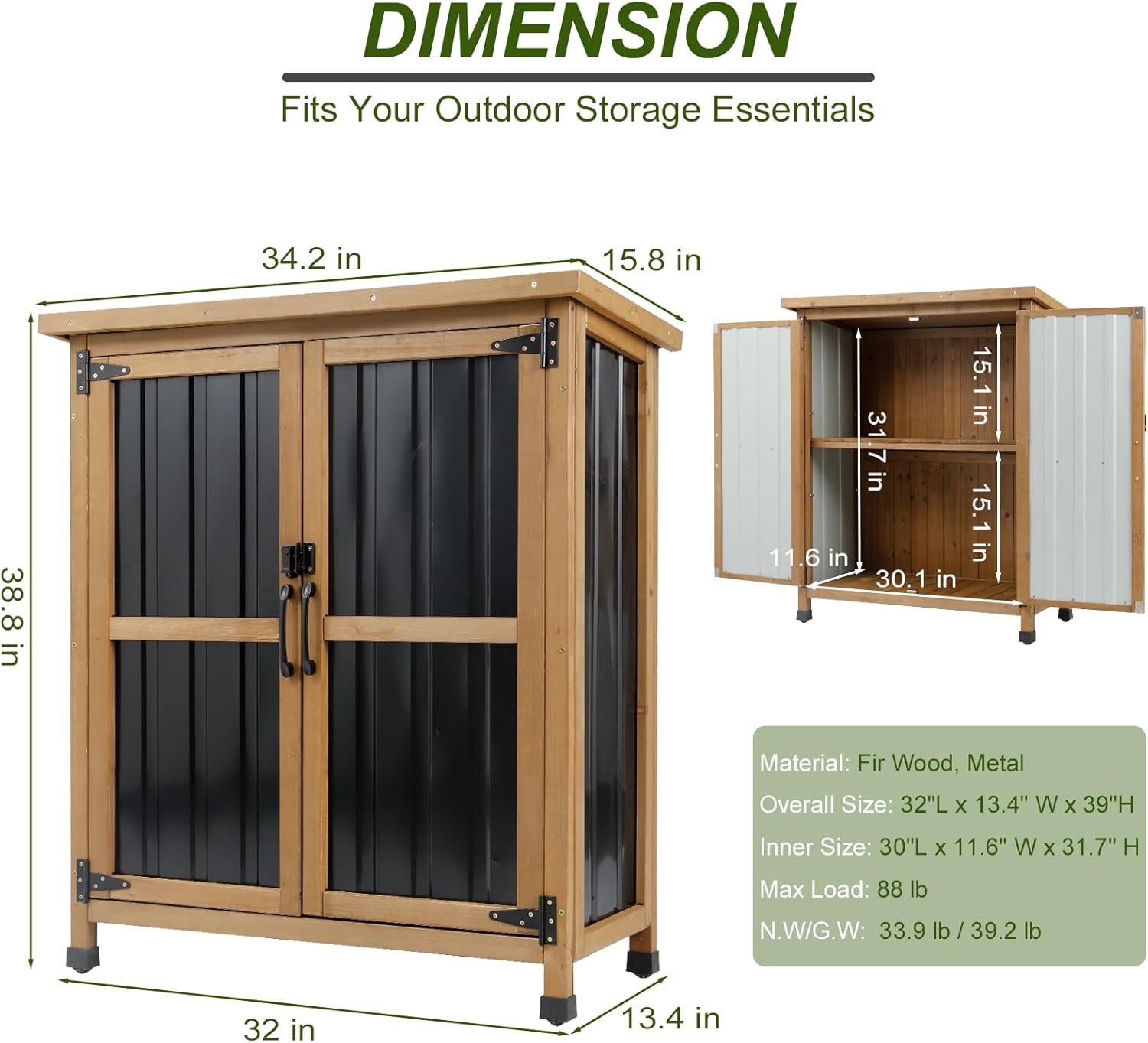 Outdoor Storage Cabinet Wood & Metal Small Storage Shed Waterproof Roof, Double Lockable Doors Garden Shed with Removable Shelves for Patio, Garden, Backyard, Lawn, 32" x 13" x 40" (Brown)