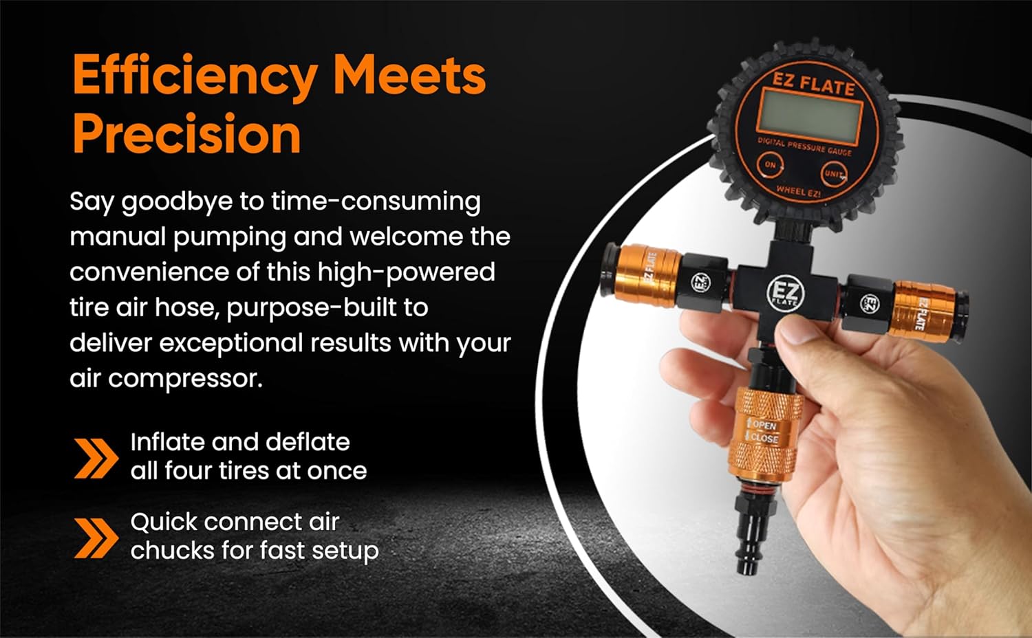 EZ FLATE 4 Tire Hose System | Heavy Duty | Truck or Car Tires | UTV Side By Side Tires | Fast Inflation | 4 Tires at Once | Auto Equalize | Quick Connest Air Chucks (Recoil Hose System)