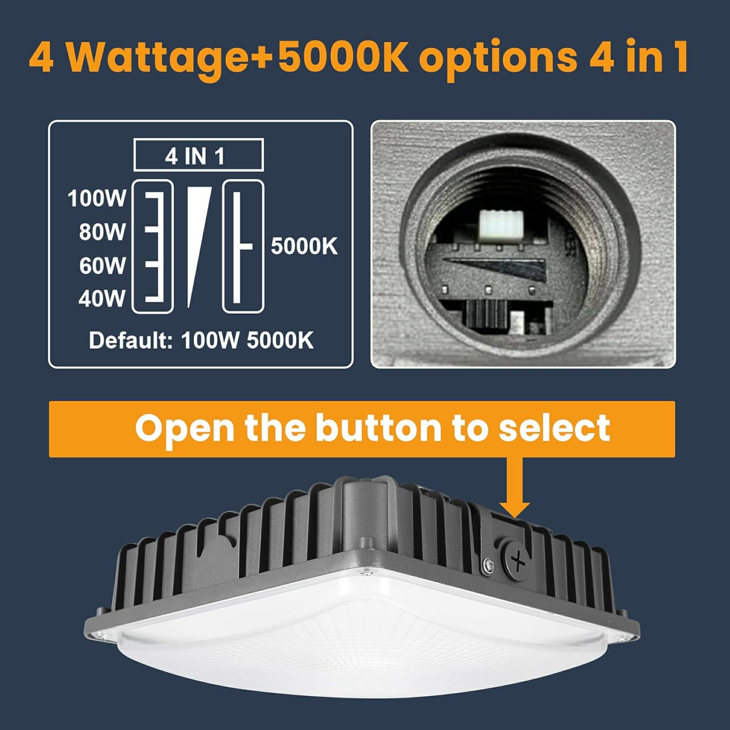 100W LED Canopy Lights 4Pack, 40/60/80/100W Selectable, 15000LM 5000K Square LED Canopy Lights Outdoor, Gas Station Carport Light for Garage Shop Warehouse, IP65, DIM, 100-277VAC, ETL Listed