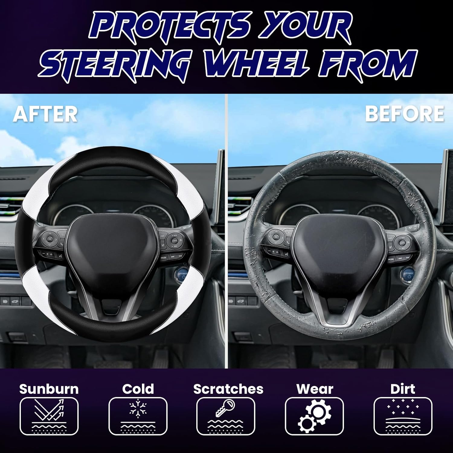 Soft Leather Steering Wheel Cover with Breathable Design and Anti-Slip Grip, Fully Compatible with Tesla, Toyota, Honda, Nissan 14.2-14.96 inch Round Steering Wheel（Sedans and SUVs）