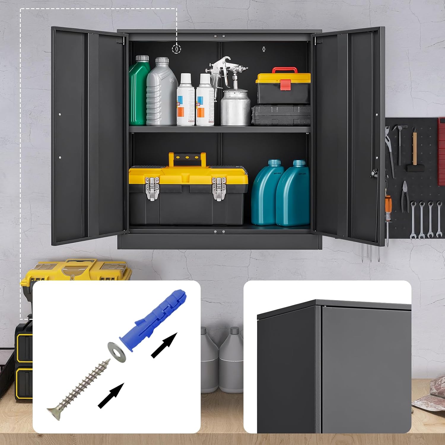LUCYPAL Metal Storage Cabinets with 2 Doors and Handle,Steel Locking Storage Cabinet with Adjustable Shelves,Tool Cabinet for Office,Home, Garage (Black)