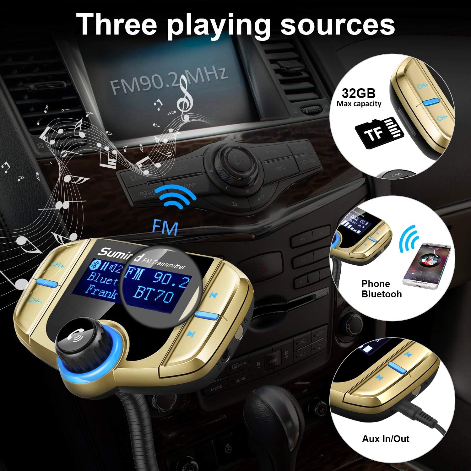 Upgraded Bluetooth FM Transmitter, Wireless Radio Adapter Hands Free Car Kit with 1.7'' Display, QC3.0 and Smart 2.4Amp Dual USB Ports, AUX Input/Output, TF Card Mp3 Player (Normal, Golden)