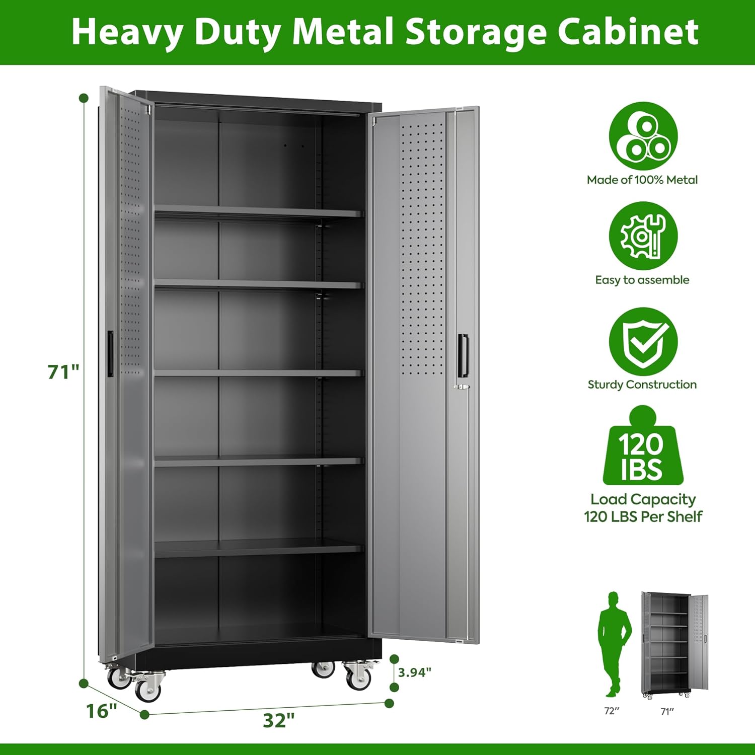 Garage Storage Cabinet with Pegboard and 5 Adjustable Shelves, 71'' x 32'' x 16''Metal Lockable Cabinet with Magnetic Doors,Tool Storage,Home Office Garage,Gym,School (Black-Grey)