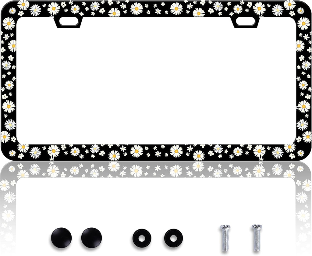 Beautiful Daisy License Plate Frame Daisies License Plate Holder Personalise Stainless Steel Funny Design Compatible with Standard License Plate Holder for USA and Canada 6 X 12 Inch with Screws