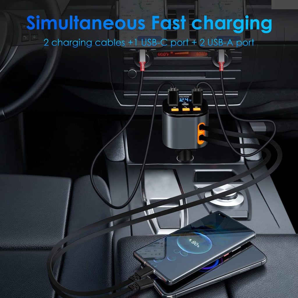Retractable Car Charger,5 in 1 Fast Car Phone Charger 90W,Bluetooth 5.3 FM Transmitter Adapter,Handsfree Call,2 Retractable USB-C Cables and USB Cars Chargers for iPhone 16/15/14/13/12/11,Galaxy,Pixel