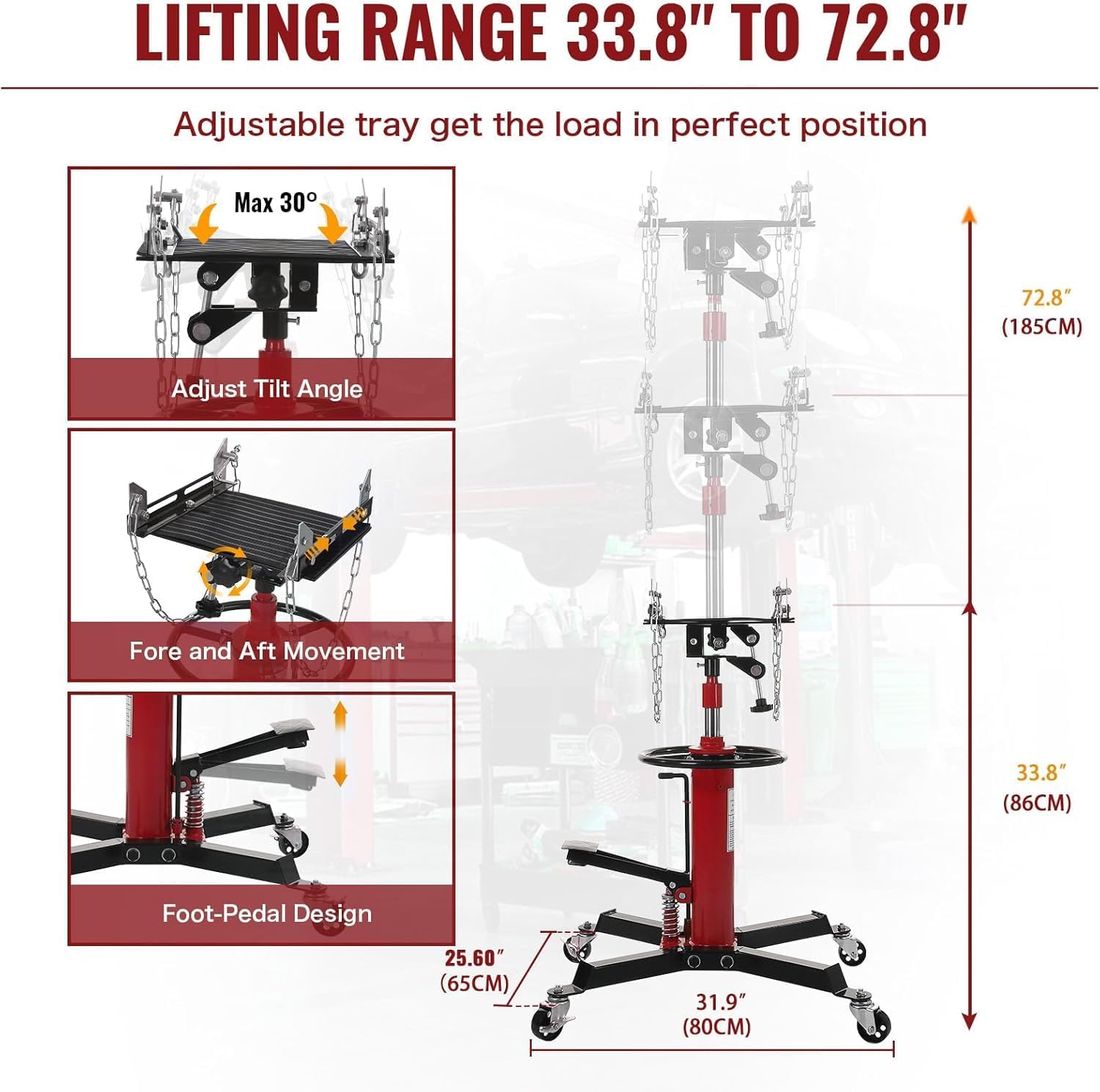 Transmission Jack 1100 LBS Hydraulic Telescoping 2-Stage Lift Jack Stand 33.8"-72.8" High Lift Transmission Jacks with Foot Pedal & 360° Swivel Wheels for for Garage/Workshop Car and Truck Repairs