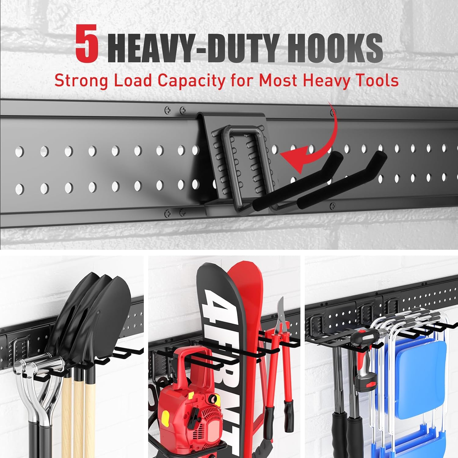 Garage Tool Organizer Wall Mount 64 inches with 13 Adjustable Heavy-Duty Hooks, Garage Organization, Garden Tool Storage Rack, Yard, and Shed, Holds Up to 520 lbs