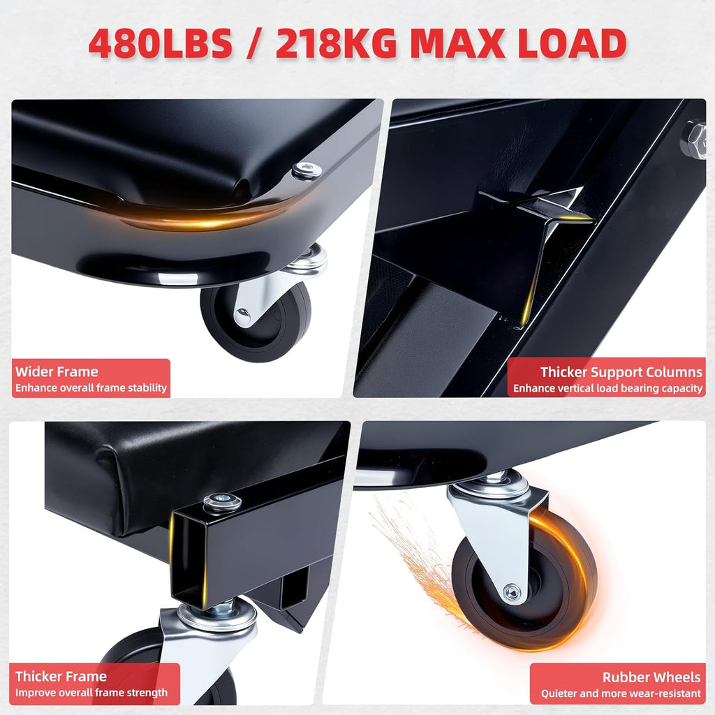 Mechanic Creeper 40inches 3-in-1 Z Seat 480lbs Capacity, Foldable Garage Chair Adjustable Rolling Black with 6pcs Wheels Roller, Lay Down Sit Lean Back, Under Car Shop Auto Repair, Man Gift