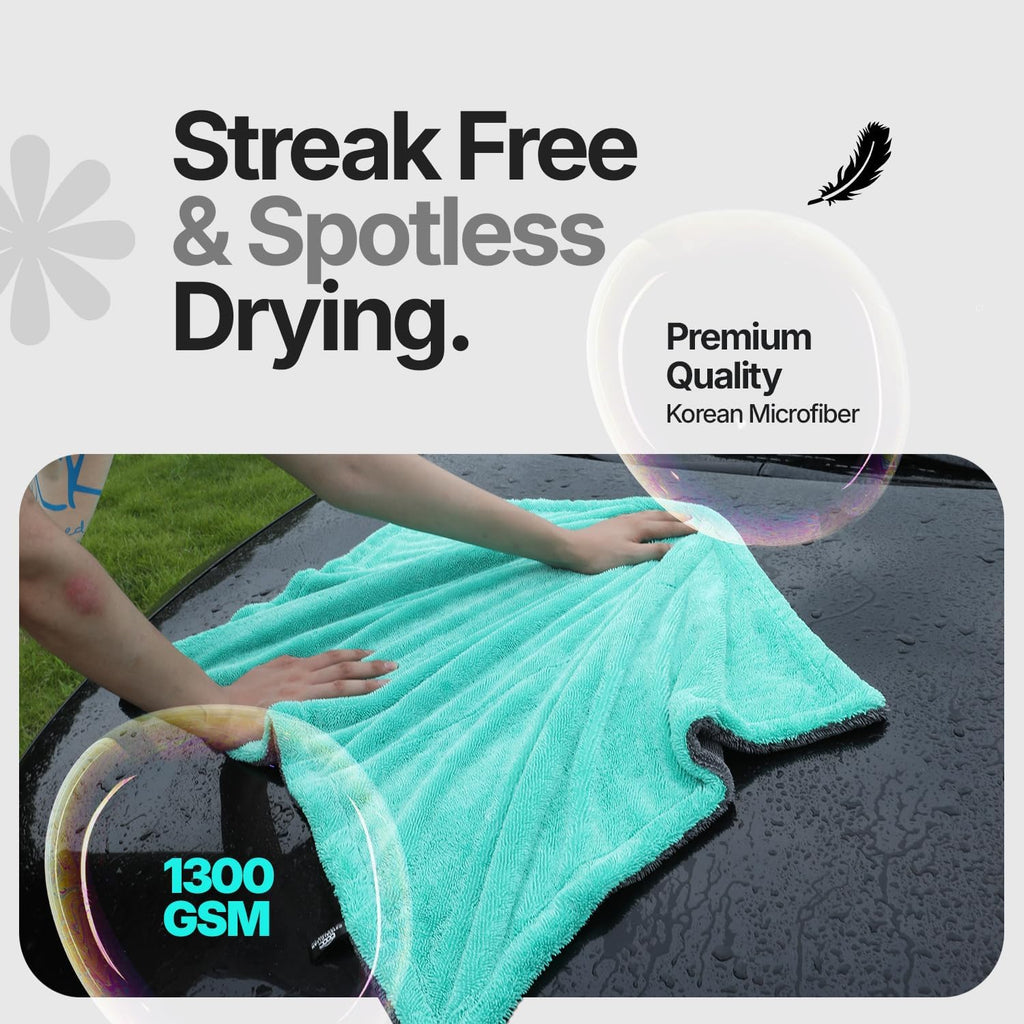 Microfiber Towels for Cars - 1300GSM X Large Size Double Twisted Loop 2pcs - 70/30 Blend Quick Dry High Absorbent Edgeless Streak Free - Car Drying Towel for Detailing 24x36″ & 12x12 (Grey+Green)