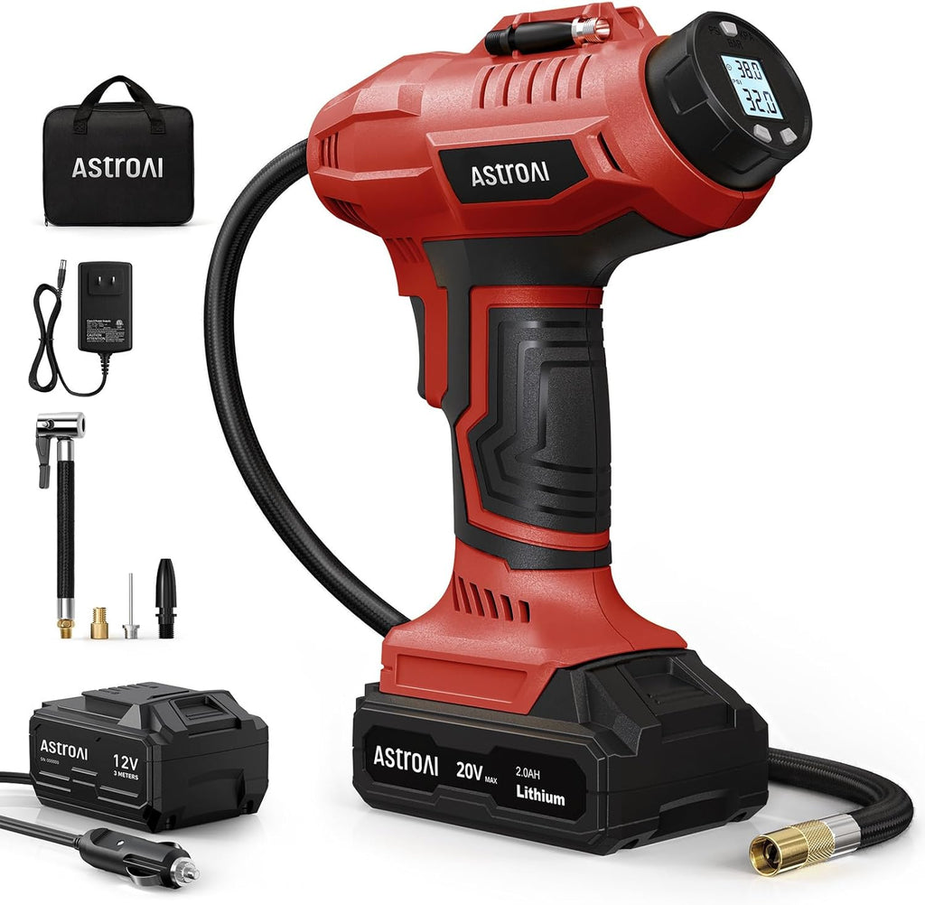 AstroAI C2 Cordless Tire Inflator Air Compressor 20V Rechargeable Battery Powered 160PSI Portable Air Pump with 12V Car Power Adapter Digital Pressure Gauge for Cars Motorcycles JY16P160-18 Red