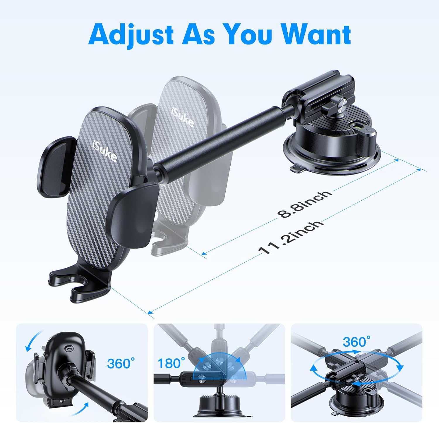 isuke Phone Holder for Your Car, [80+LBS Strongest Suction & Ultra-Durable] Aluminum Alloy Phone Holder for Car Dashboard Windshield, Car Phone Mount for iPhone Samsung & All 4-7 inches Smartphones