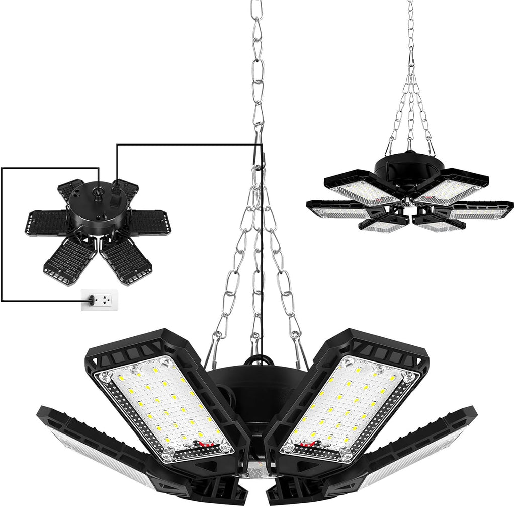 LED Garage Lights 4 Pack -180W, 18000LM 6500K Led Shop Light with 6+1 Deformable Panels, Basement Barn Light Garage Ceiling Lights, E26/E27 for Garage, Warehouse, Shop, Basement