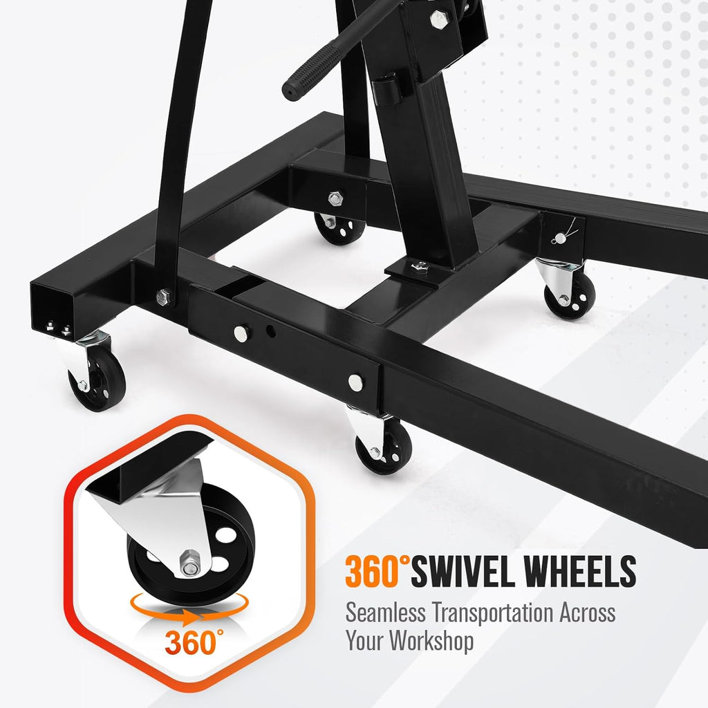 2 Ton Engine Hoist, Hydraulic Cherry Picker Engine Hoist Lift, 4400LBS Heavy Duty Crane Lifter with 6 Casters and Telescopic Boom, Foldable & Portable Design, for Garage, Workshop, Warehouse (Black)