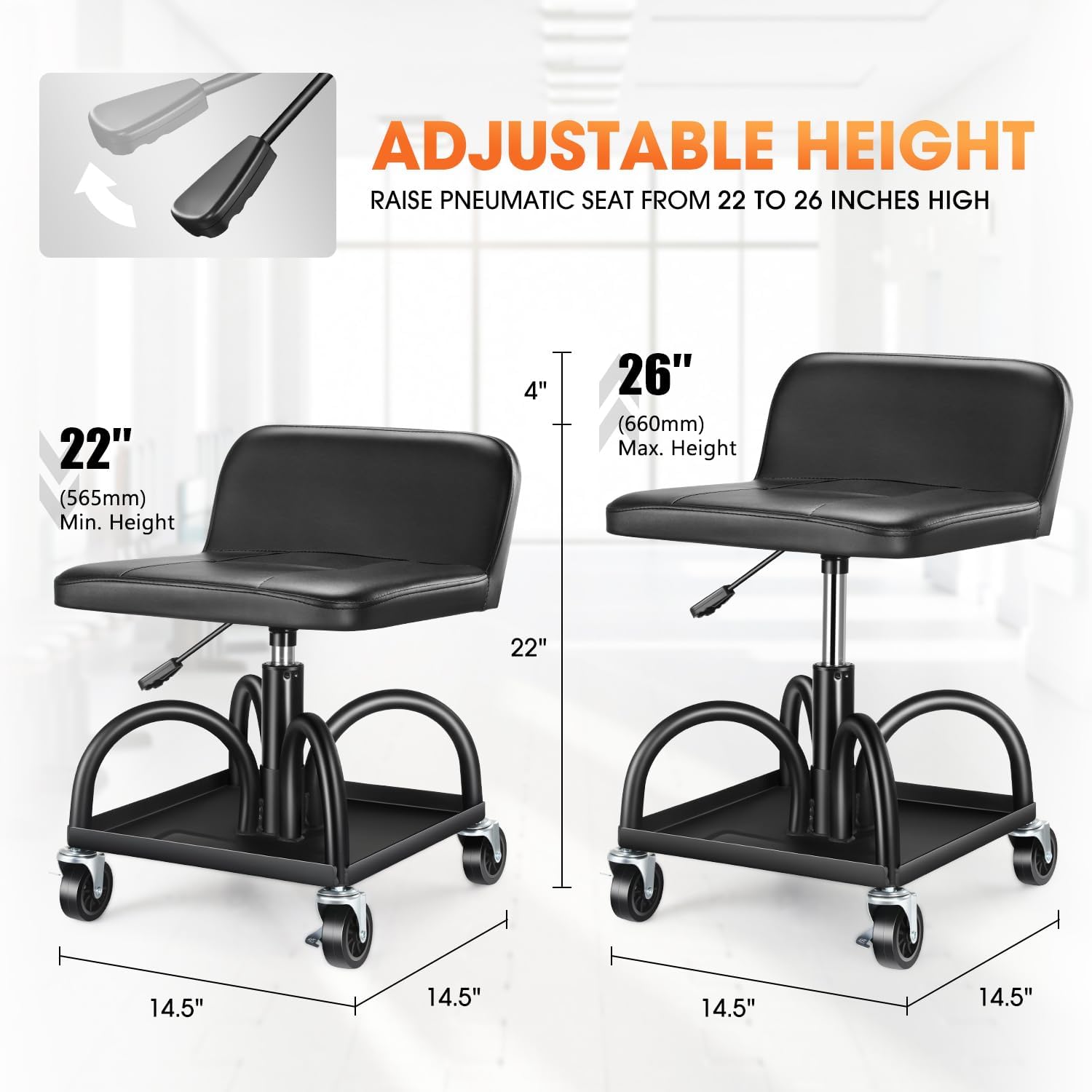 DNA MOTORING Rolling Padded Seat Adjustable Height Seat 330lbs Capacity Rolling Mechanic Creeper Stool, W/Tool Storage Drawer & Tray, Black, TOOLS-00600