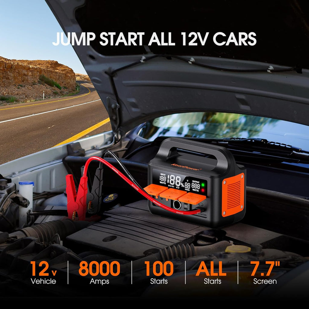 8000A LiFeMnPO4 Jump Starter for All 12V Cars, DC+PD 200W Two-Way Fast-Charging Portable Car Starter (PD Charger NOT Included), 30 Mins Full Charge, Powerful Jump Box w/Large Screen & Light