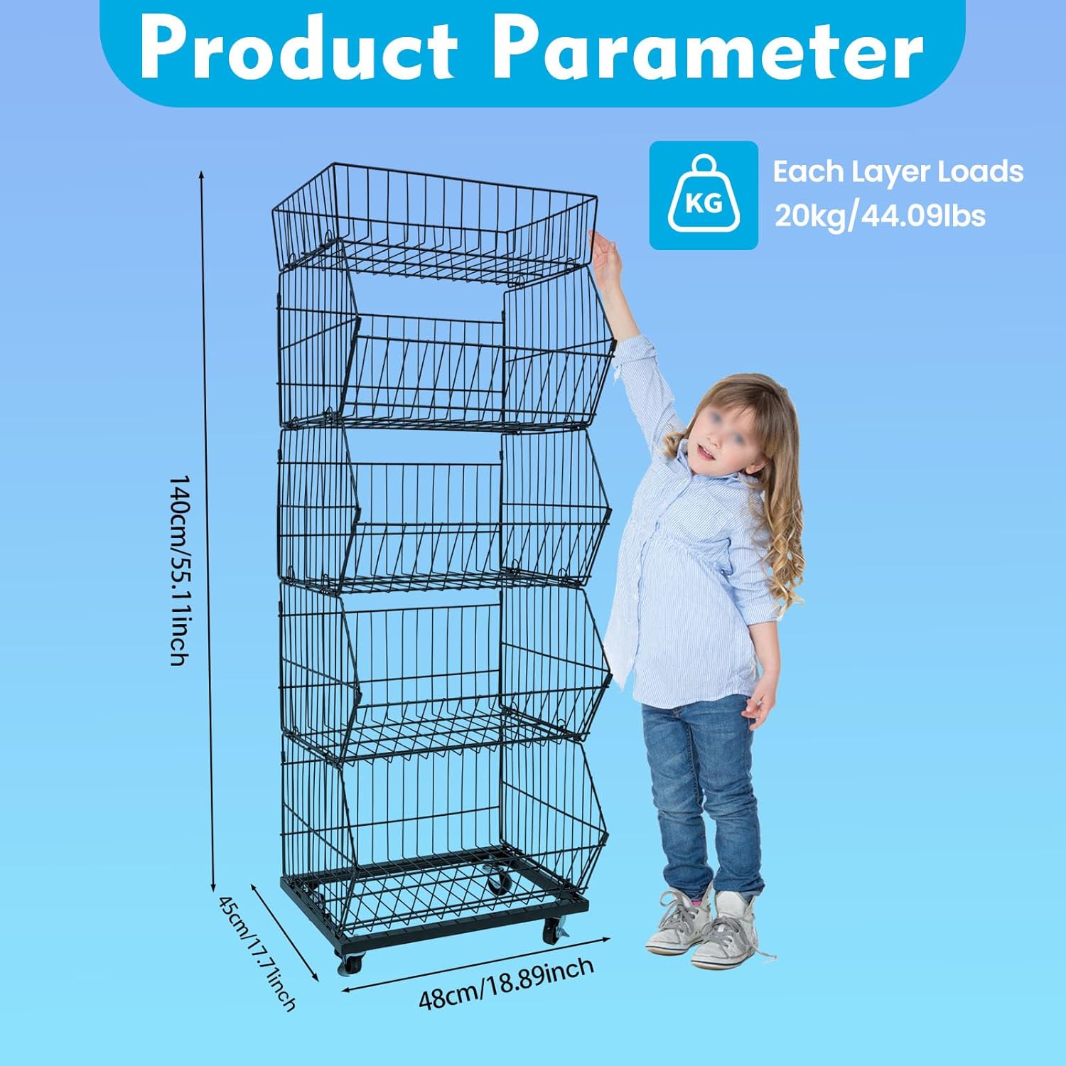 Retail Display Rack 5-Tier Market Merchandise Display Shelf Fruit Storage Shelf Vegetable Snack Basket Retail Store Supplies with Wheels for Home Store Market (18" D X 19" W X 55" H- Black)