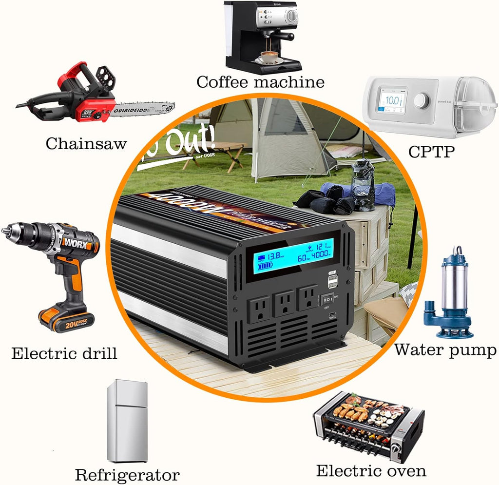 4000 Watt Power Inverter 12V DC to 110V 120V Converter for Family RV Off Grid Solar System Car with Type-C Ports 3 AC Power Outlets Dual USB Ports LCD Display Wireless Remote Control