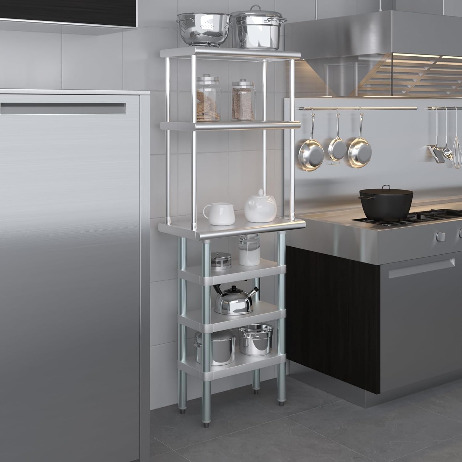 Amgood 14" x 24" Stainless Steel Work Table with 3 Shelves and 12" Wide Double Tier Overshelf | Metal Kitchen Prep Table & Shelving Combo | NSF