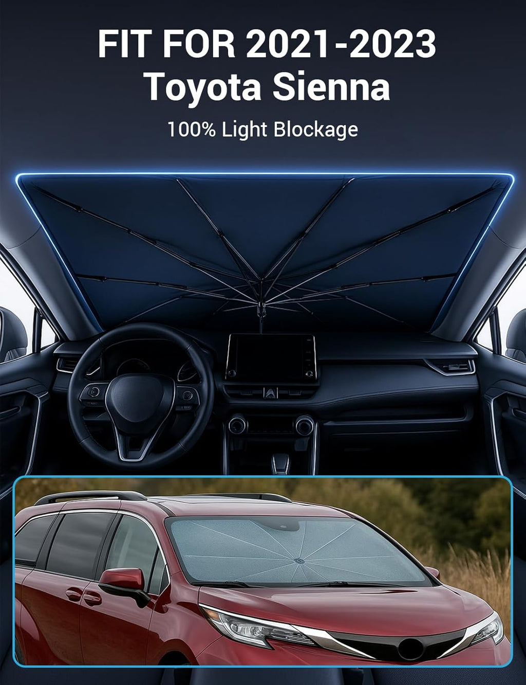 Proadsy Windshield Sun Shade Umbrella for Toyota Sienna 2021-2025 2026 Foldable Car Umbrella Sunshade with Soft TPU Handle Spring Structure Crystal Cooling Material Protect Car from Rays & Heat