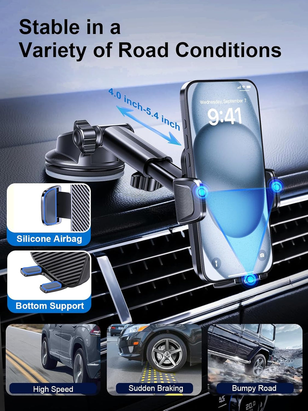 [2025 Most Stable FlexGrip™ Suction] 3-in-1 Car Phone Holder, Cell Phone Car Mount Fit for Vent/Dashboard/Windshield, All Phones, iPhone, Samsung and More