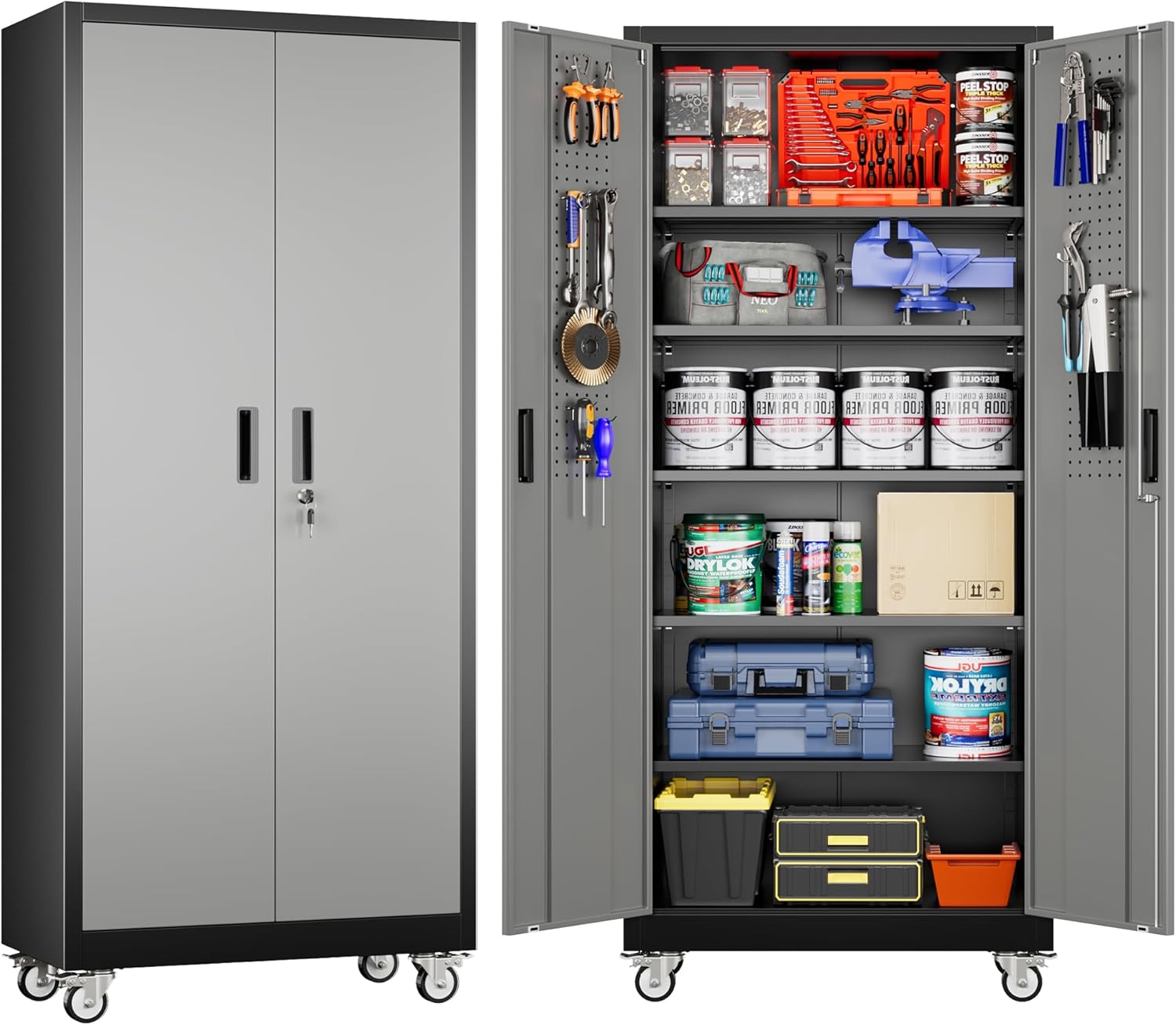Garage Storage Cabinet with Pegboard and 5 Adjustable Shelves, 71'' x 32'' x 16''Metal Lockable Cabinet with Magnetic Doors,Tool Storage,Home Office Garage,Gym,School (Black-Grey)