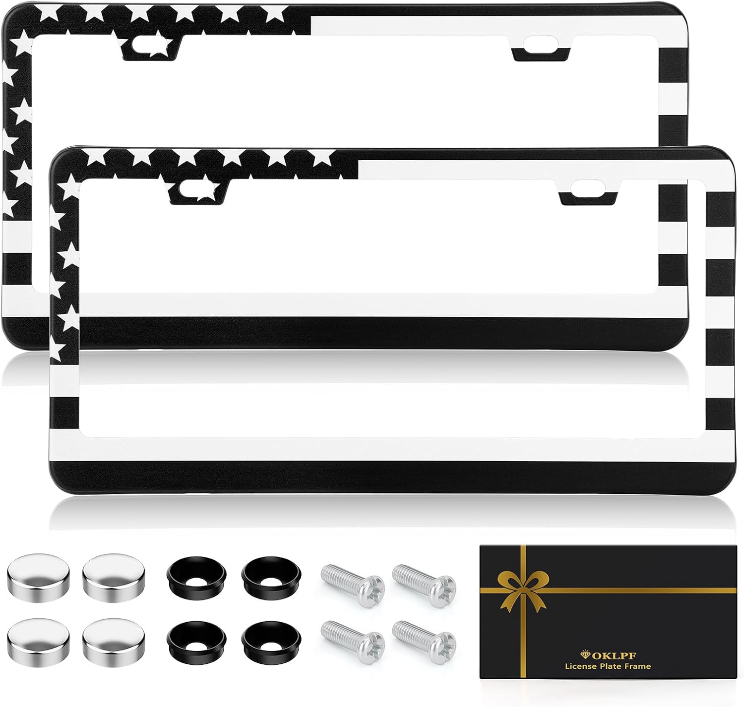 OKLPF Premium American Flag License Plate Frame, Black License Plate Frame, Black Aluminum License Plate Cover, Matte License Plate Front and Rear 2 Packs. (2 Holes), Come with Screw Cap, Screw,Washer