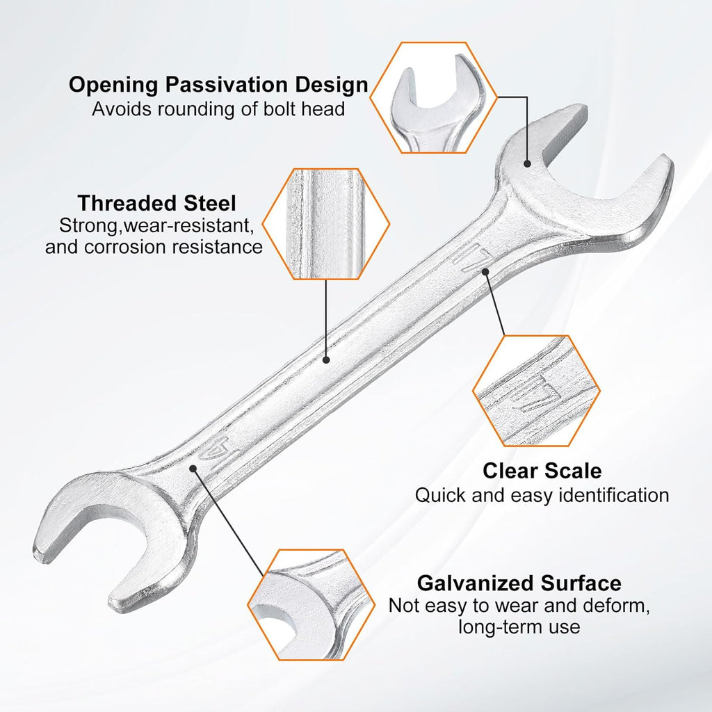 HARFINGTON 5pcs Double Open End Wrench 14mm x 17mm Metric 15 Degree Offset Angle Small Flat Head Wrench Galvanizing Open Ended Spanner for Automotive Repair Furniture Assembly