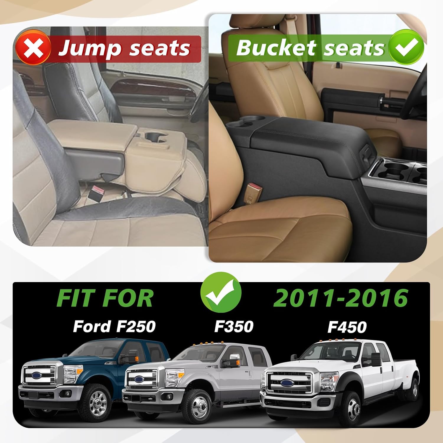 Muslogy Center Console Armrest Cover Compatible with Ford F250 F350 F450 2011-2016 Super Duty Comfort Armrest Pad Arm Rest Cushion Vegan Leather Protector Regular Thick(Bucket Seat ONLY)